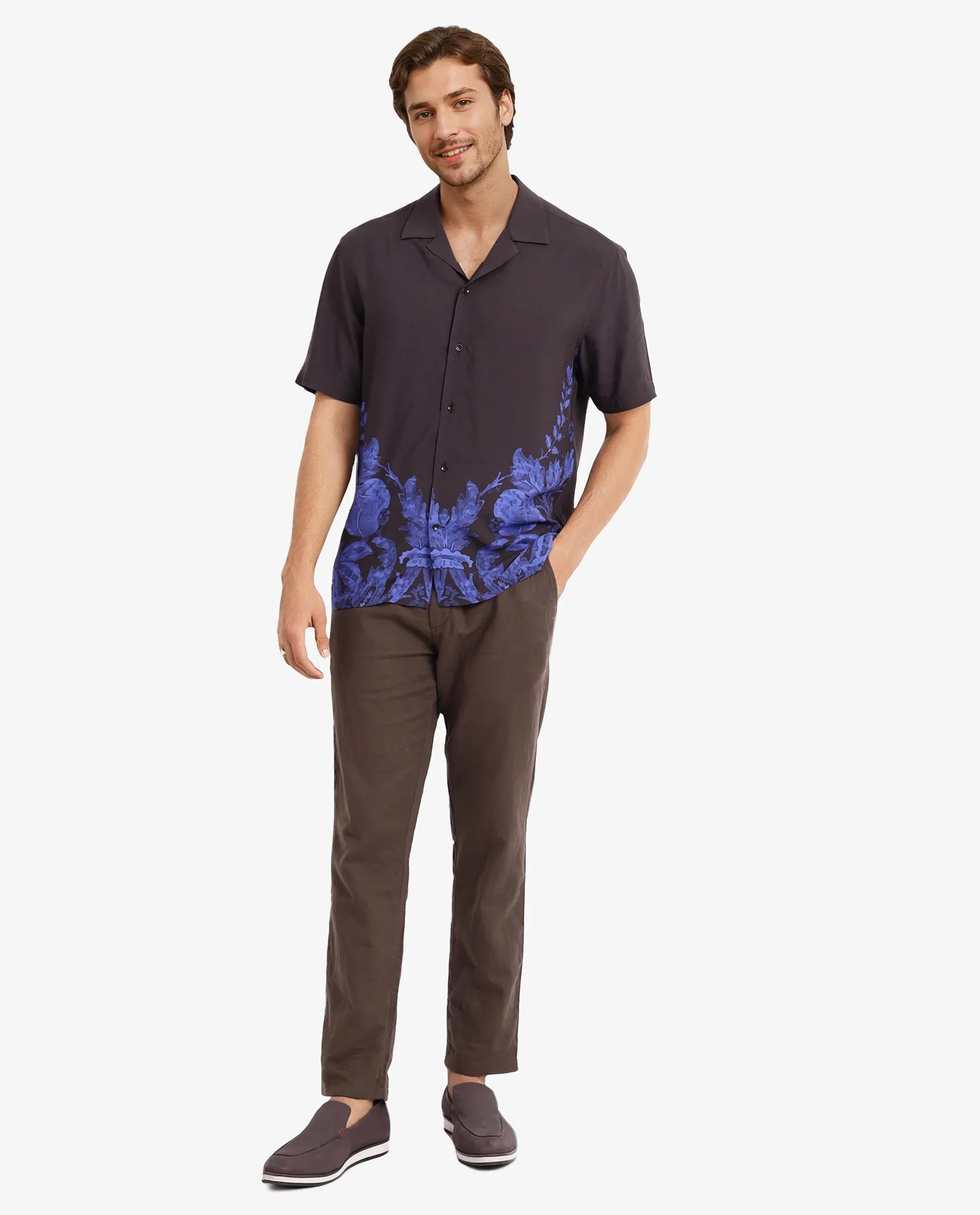 Rare Rabbit Men's Meb Dark Brown Viscose Printed Boxy Fit Half Sleeve Cuban Collar Shirt - Image 3