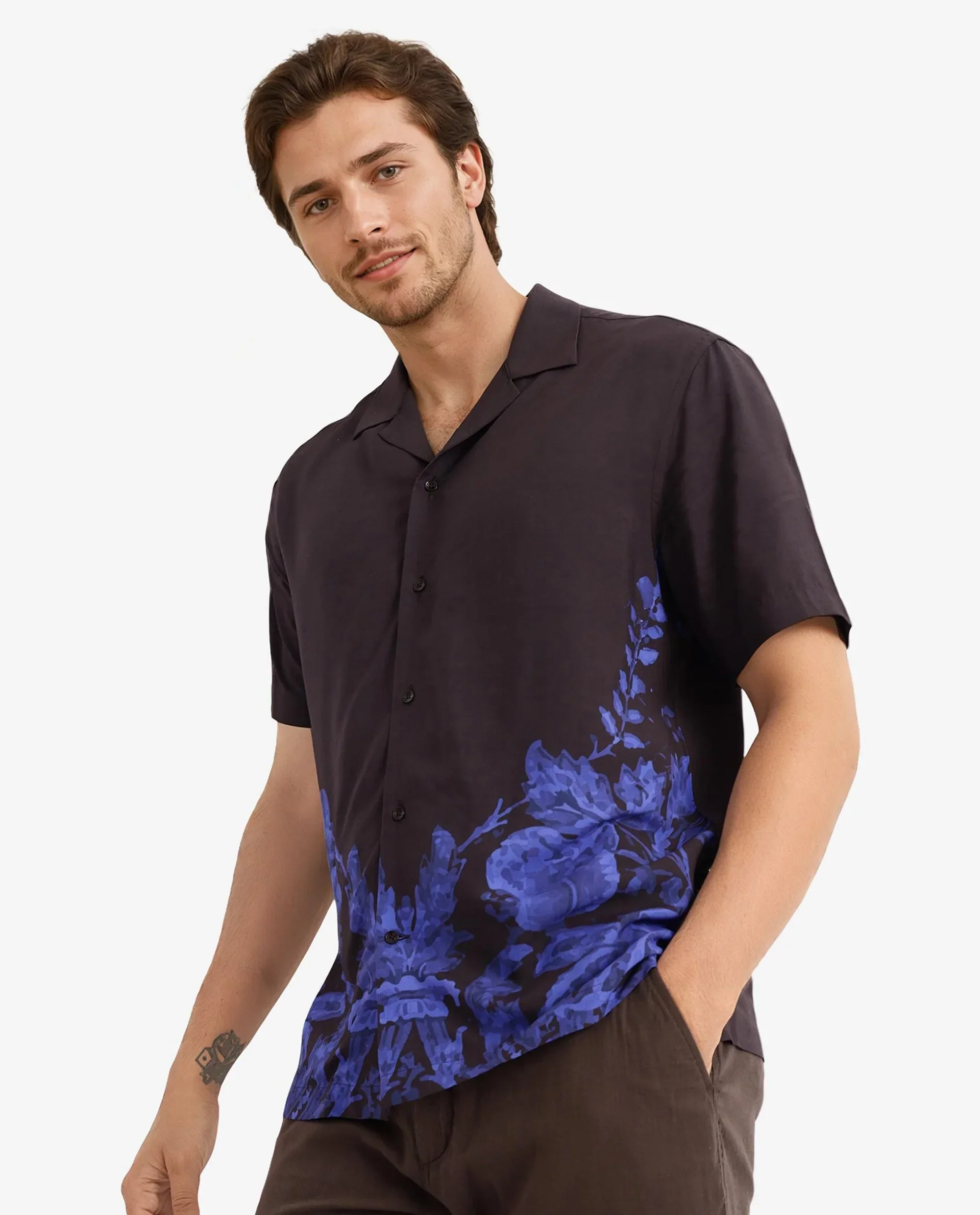 Rare Rabbit Men's Meb Dark Brown Viscose Printed Boxy Fit Half Sleeve Cuban Collar Shirt - Image 5