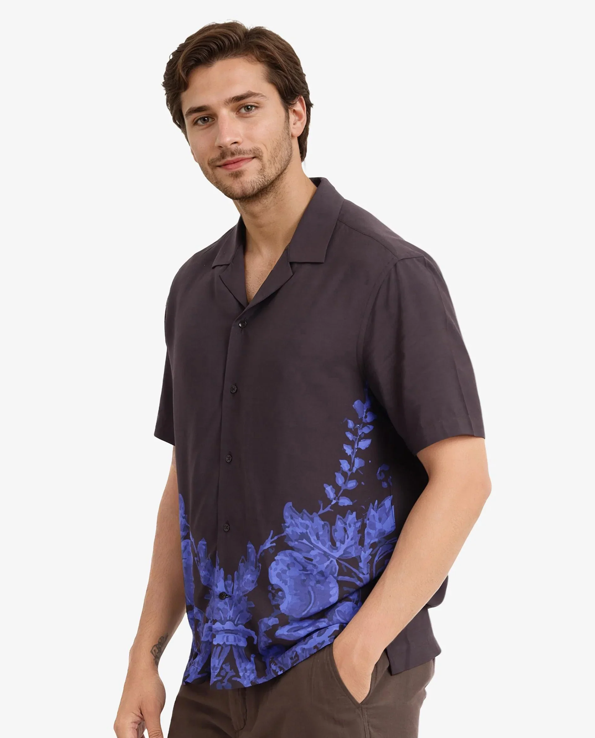 Rare Rabbit Men's Meb Dark Brown Viscose Printed Boxy Fit Half Sleeve Cuban Collar Shirt - Image 8