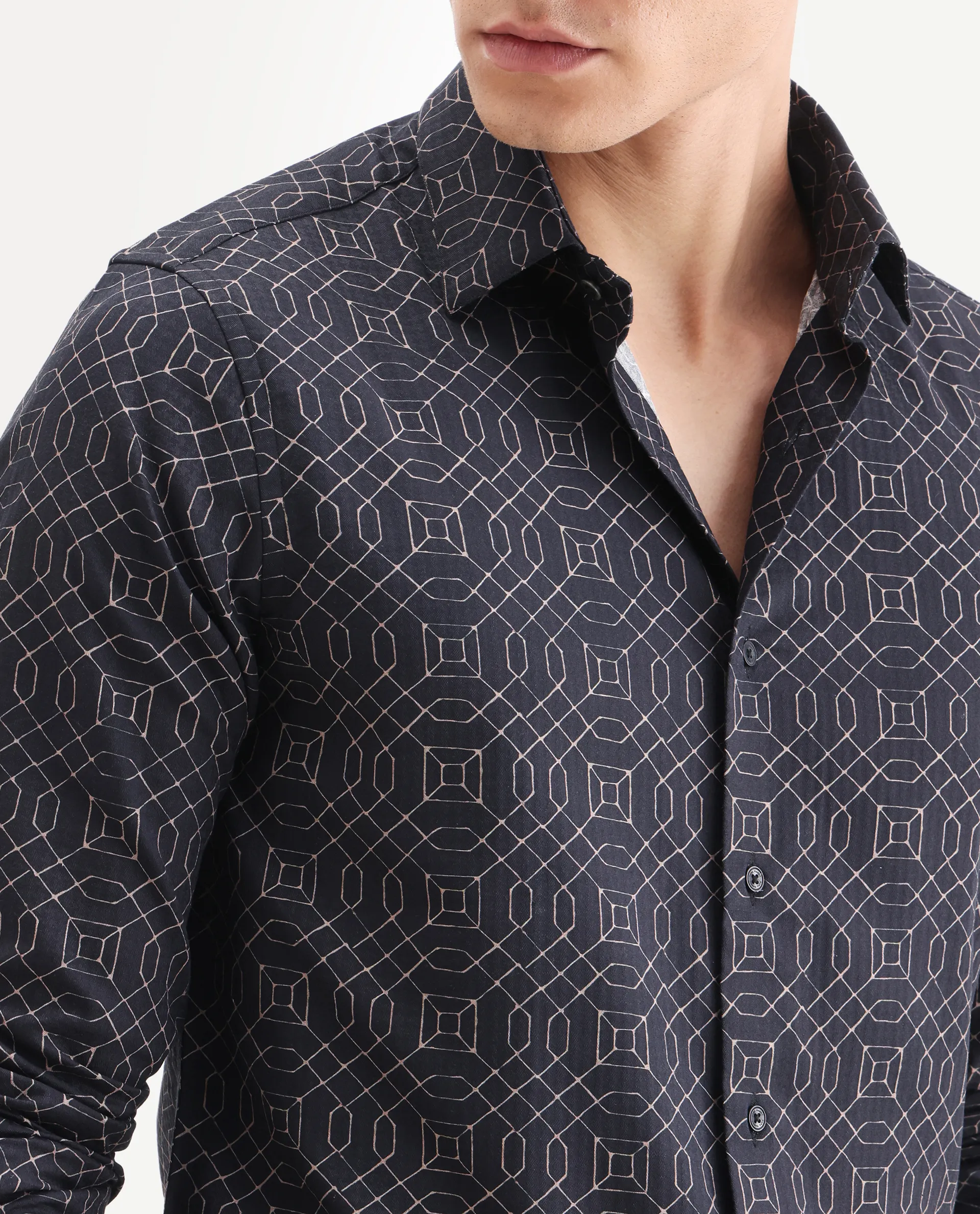 Rare Rabbit Men's Cotton Blend Geometric Print Regular Fit Full Sleeve Collared Shirt - Image 3