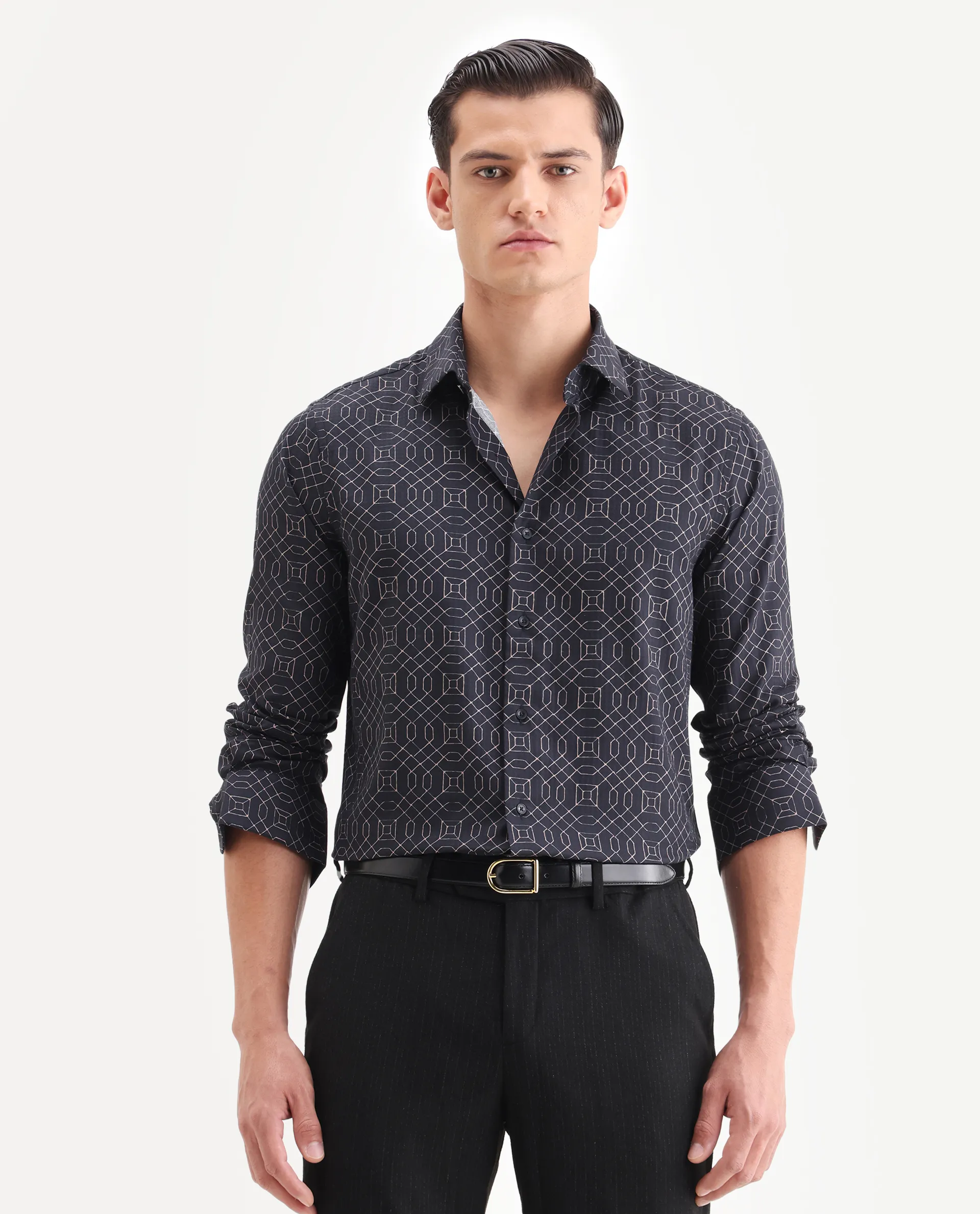 Rare Rabbit Men's Cotton Blend Geometric Print Regular Fit Full Sleeve Collared Shirt - Image 4