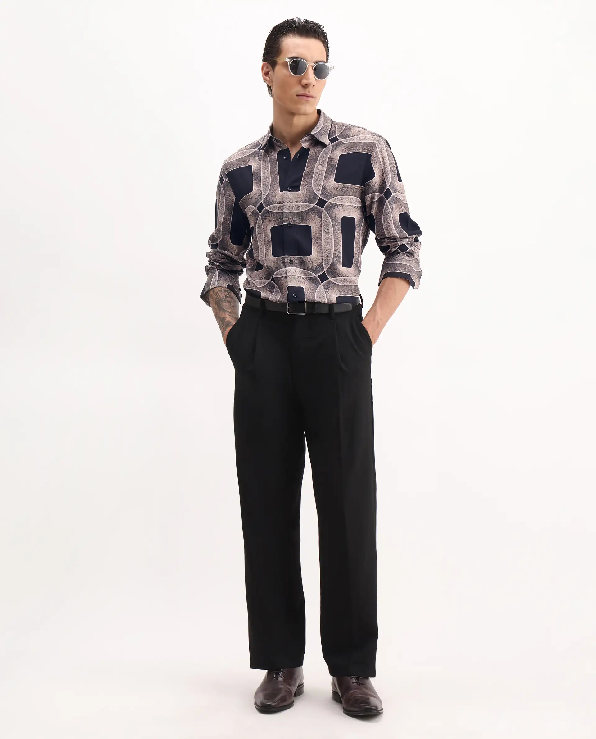 Rare Rabbit Men's Mecro-25 Black Viscose Geometric Print Regular Fit Full Sleeve Collared Shirt - Image 2