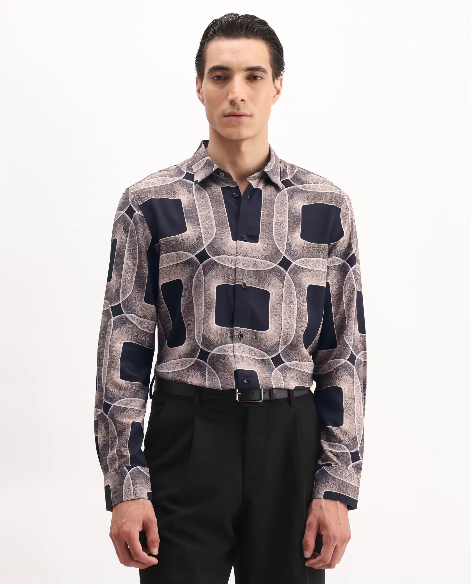 Rare Rabbit Men's Mecro-25 Black Viscose Geometric Print Regular Fit Full Sleeve Collared Shirt - Image 4