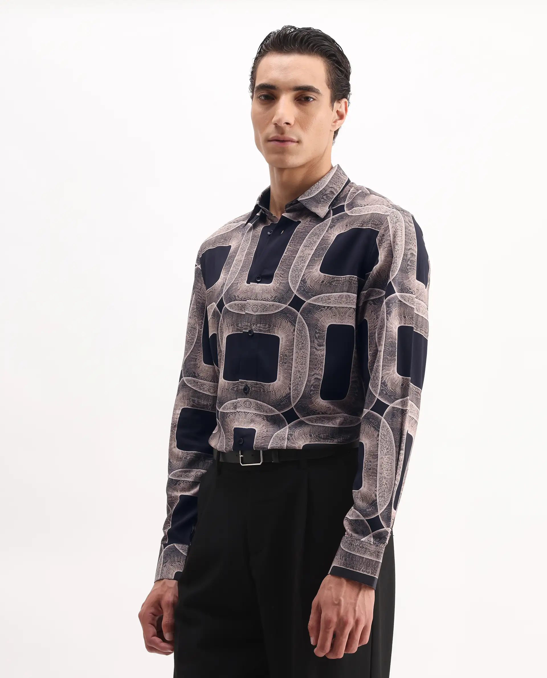 Rare Rabbit Men's Mecro-25 Black Viscose Geometric Print Regular Fit Full Sleeve Collared Shirt - Image 5
