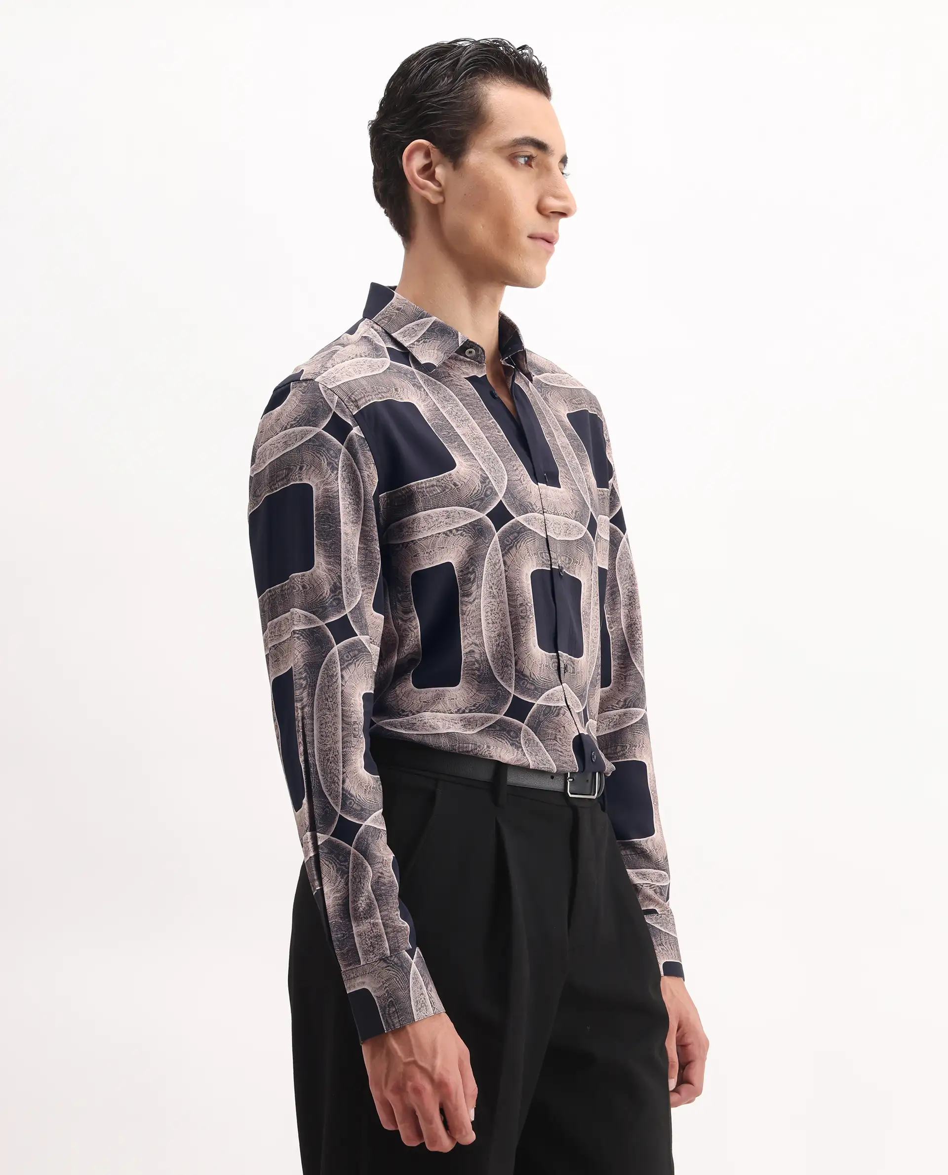 Rare Rabbit Men's Mecro-25 Black Viscose Geometric Print Regular Fit Full Sleeve Collared Shirt - Image 6