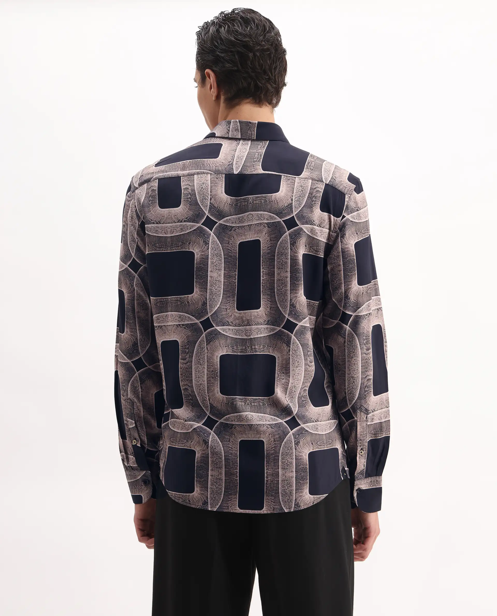 Rare Rabbit Men's Mecro-25 Black Viscose Geometric Print Regular Fit Full Sleeve Collared Shirt - Image 7