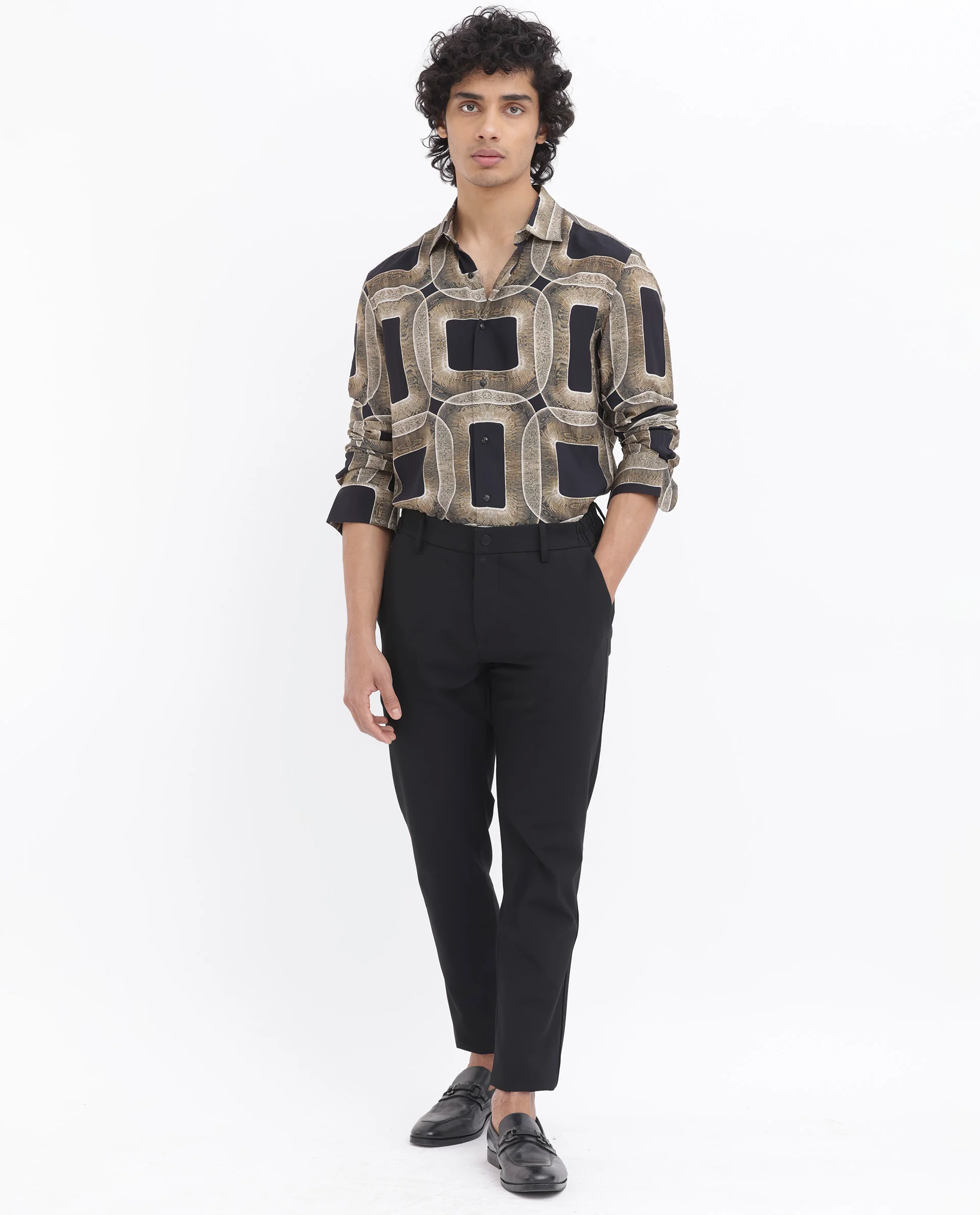 Rare Rabbit Men's Mecro Ls Mustard Viscose Abstract Print Regular Fit Full Sleeve Collared Shirt - Image 2