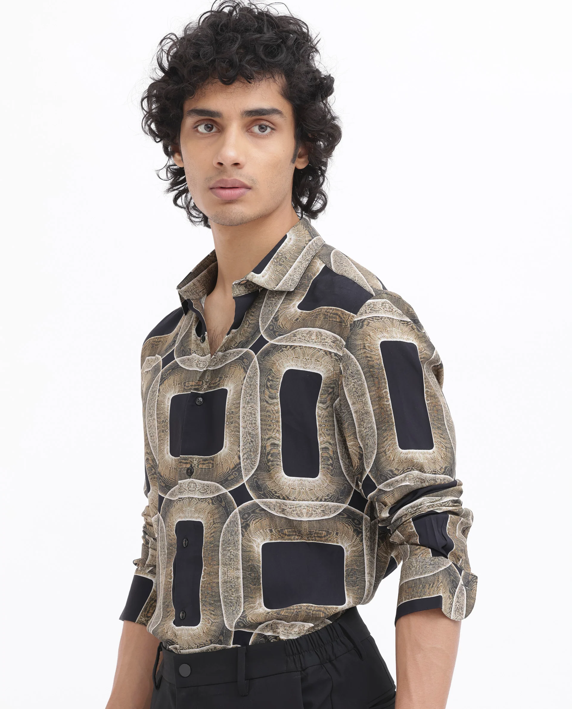Rare Rabbit Men's Mecro Ls Mustard Viscose Abstract Print Regular Fit Full Sleeve Collared Shirt - Image 4
