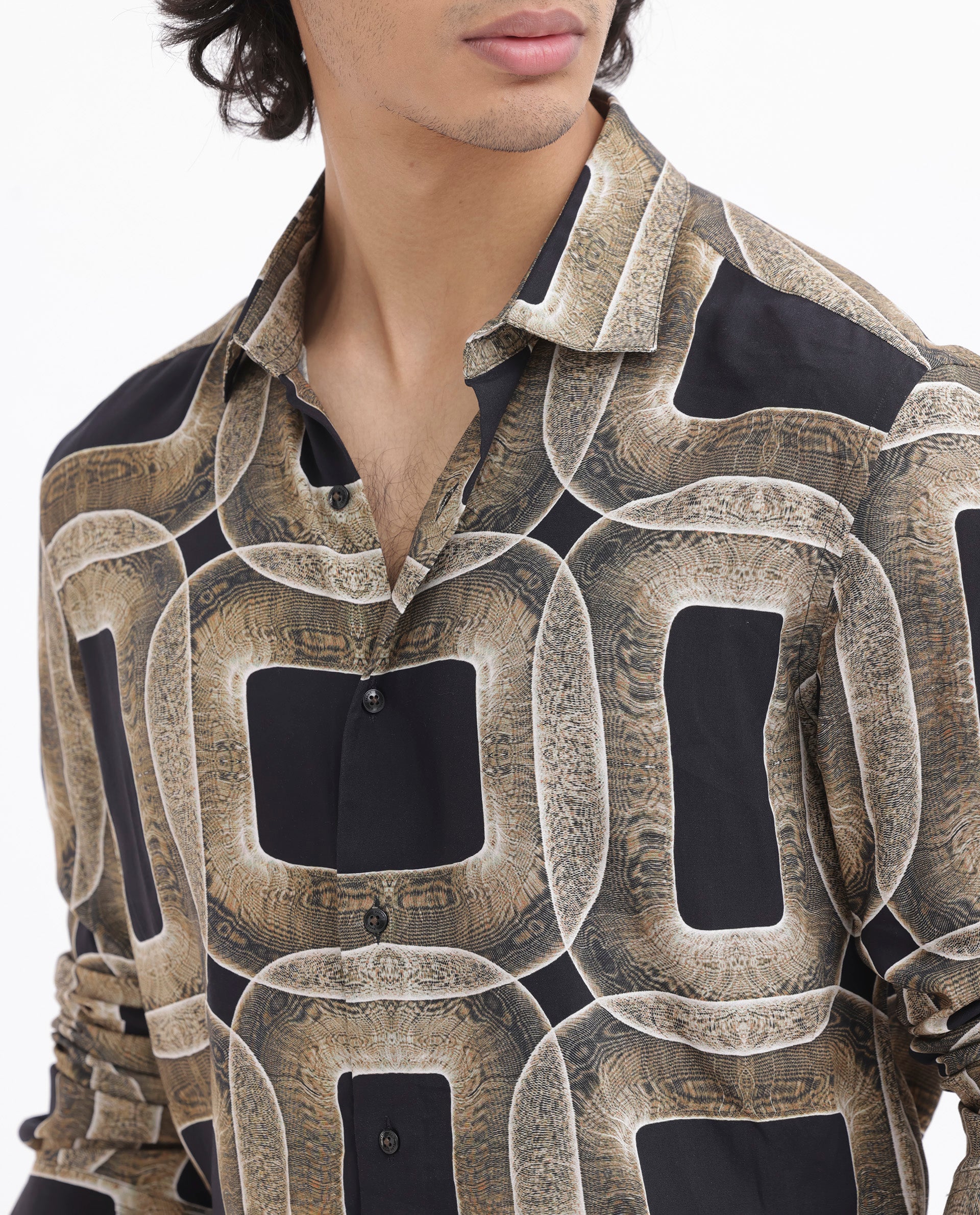 Rare Rabbit Men's Mecro Ls Mustard Viscose Abstract Print Regular Fit Full Sleeve Collared Shirt - Image 5