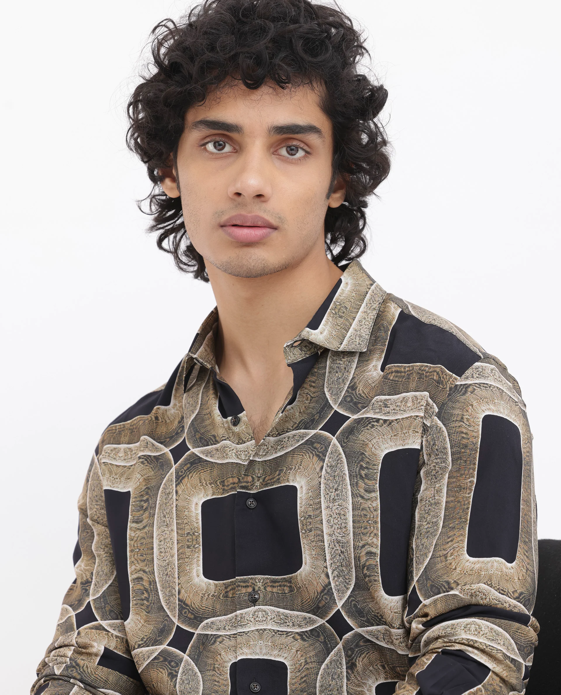 Rare Rabbit Men's Mecro Ls Mustard Viscose Abstract Print Regular Fit Full Sleeve Collared Shirt - Image 6