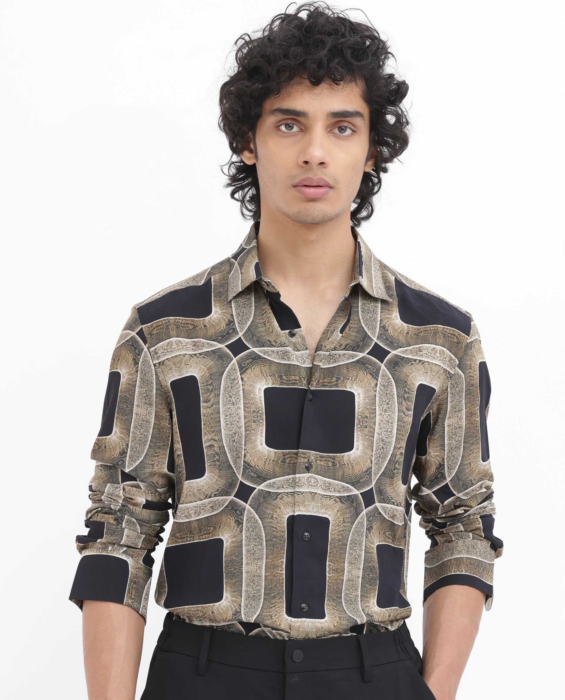 Rare Rabbit Men's Mecro Ls Mustard Viscose Abstract Print Regular Fit Full Sleeve Collared Shirt - Image 7