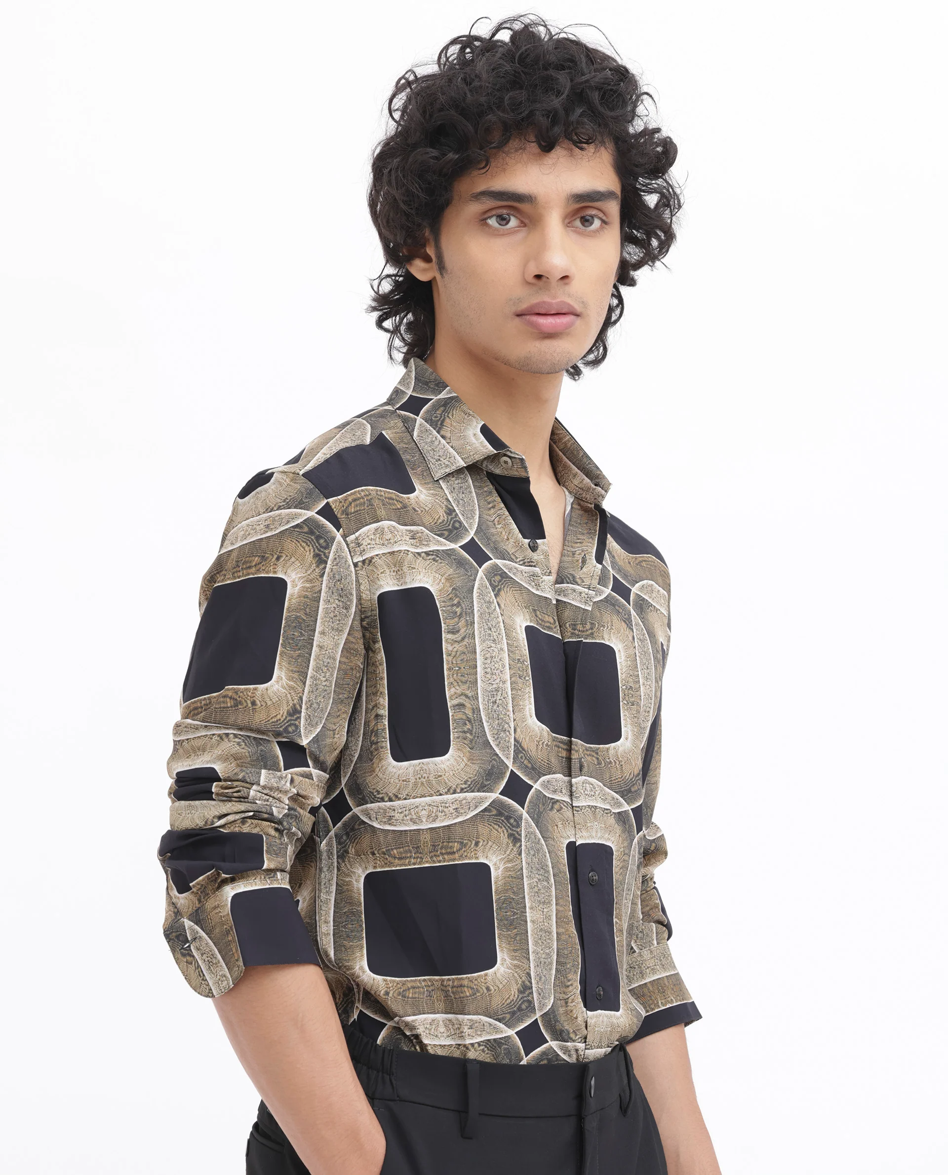 Rare Rabbit Men's Mecro Ls Mustard Viscose Abstract Print Regular Fit Full Sleeve Collared Shirt - Image 8