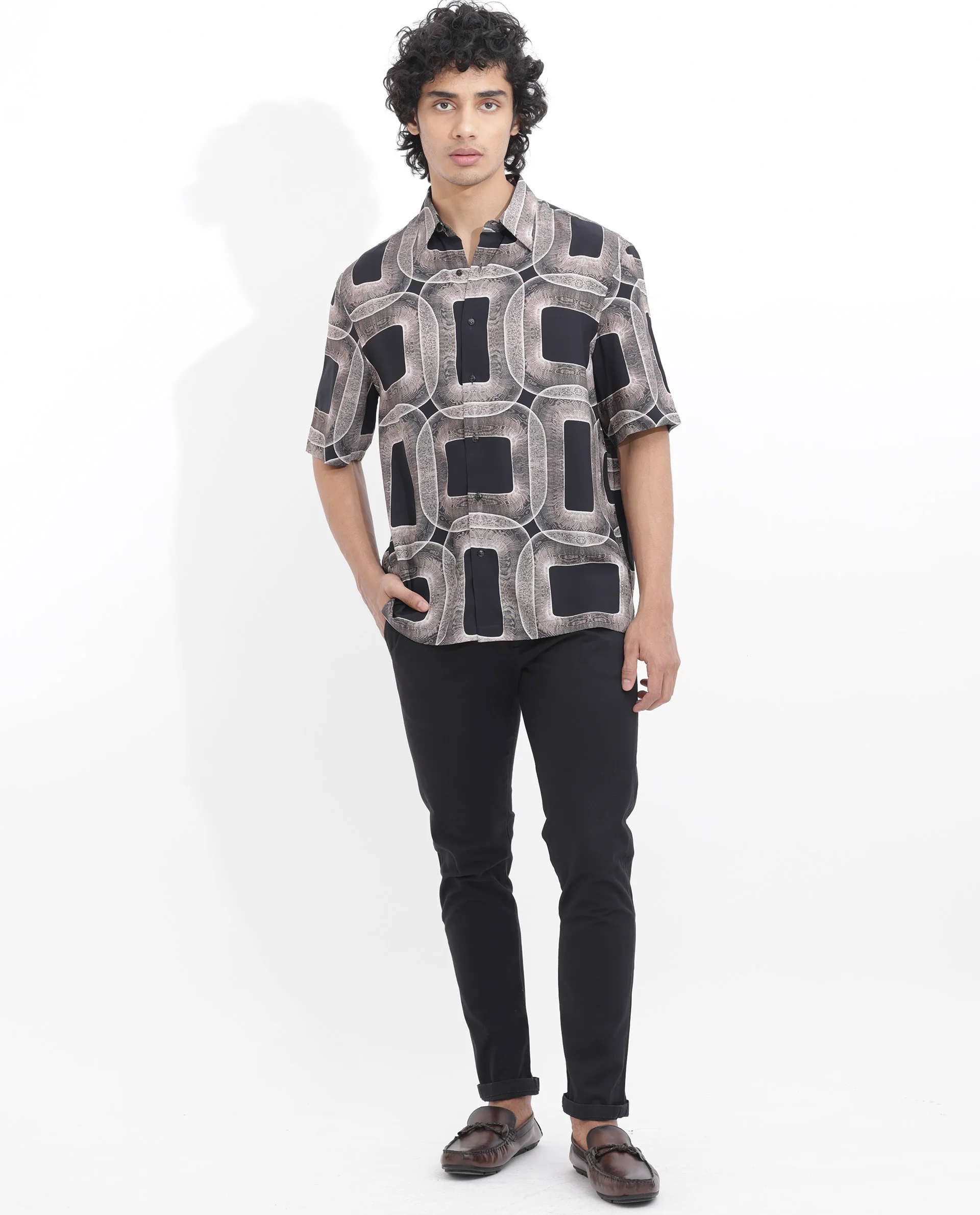 Rare Rabbit Men's Mecro Ss Brown Viscose Abstract Print Boxy Fit Half Sleeve Collared Shirt - Image 2