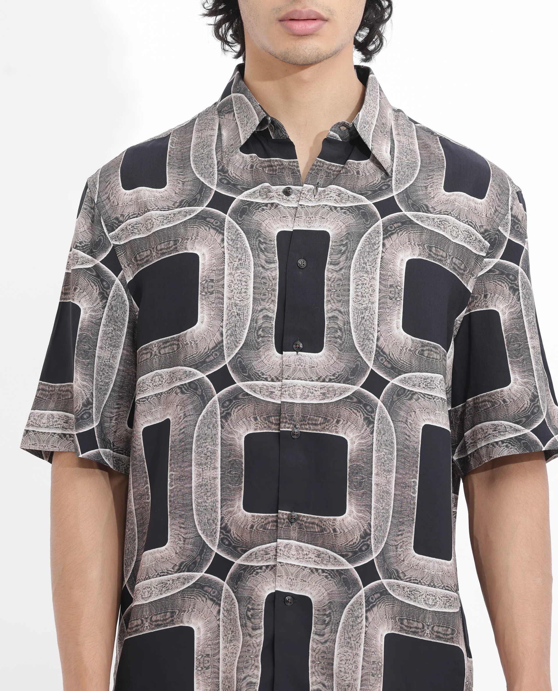 Rare Rabbit Men's Mecro Ss Brown Viscose Abstract Print Boxy Fit Half Sleeve Collared Shirt - Image 3