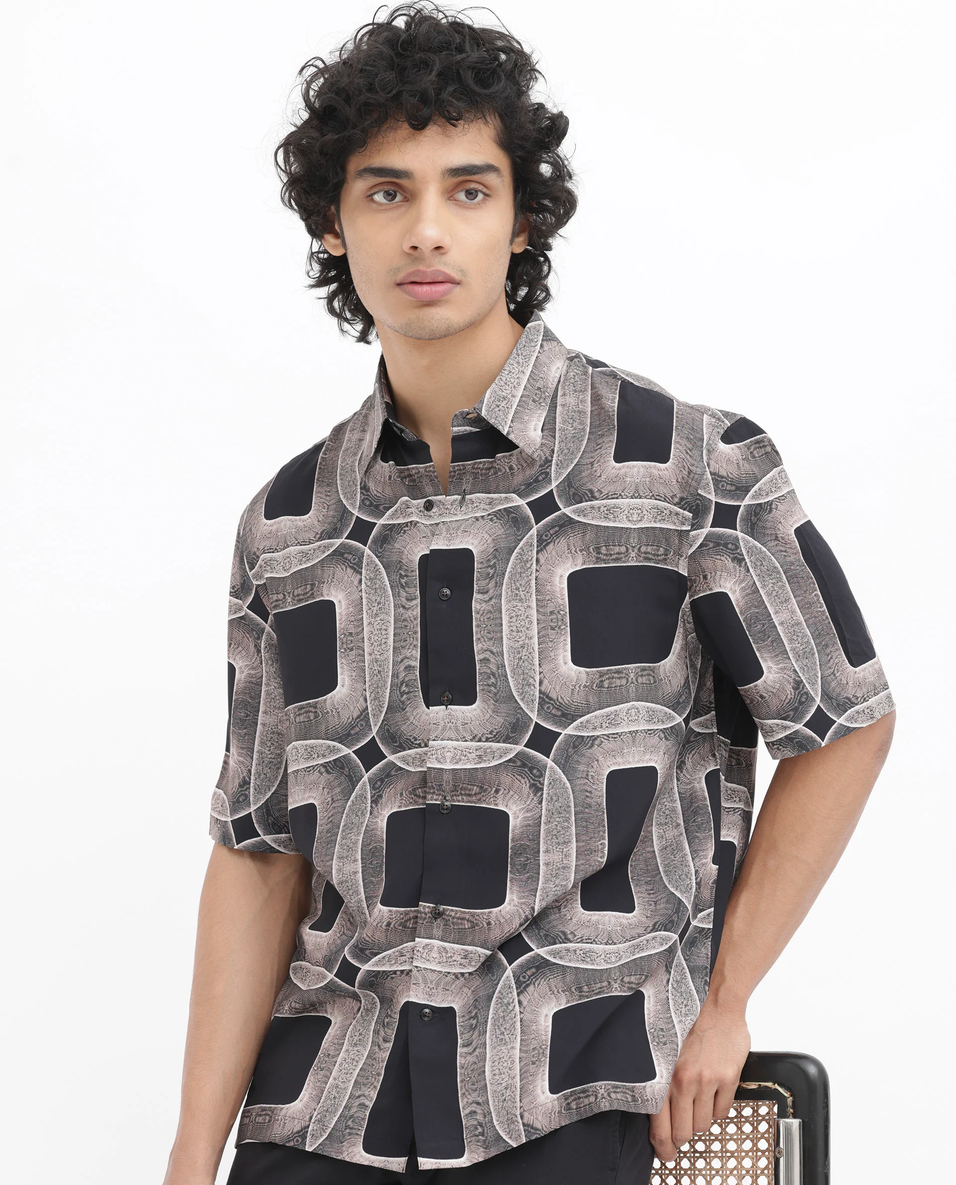 Rare Rabbit Men's Mecro Ss Brown Viscose Abstract Print Boxy Fit Half Sleeve Collared Shirt - Image 4
