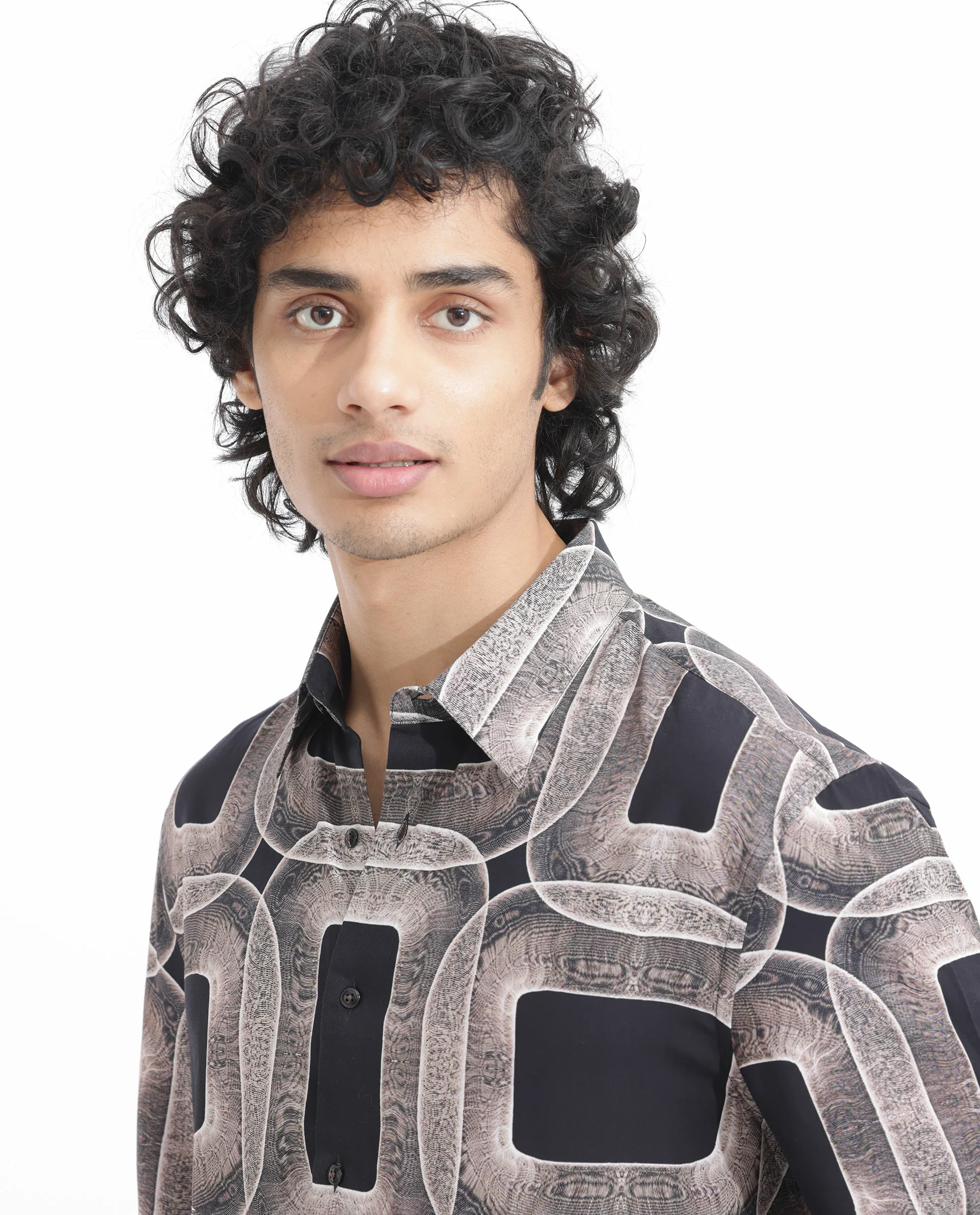 Rare Rabbit Men's Mecro Ss Brown Viscose Abstract Print Boxy Fit Half Sleeve Collared Shirt - Image 5