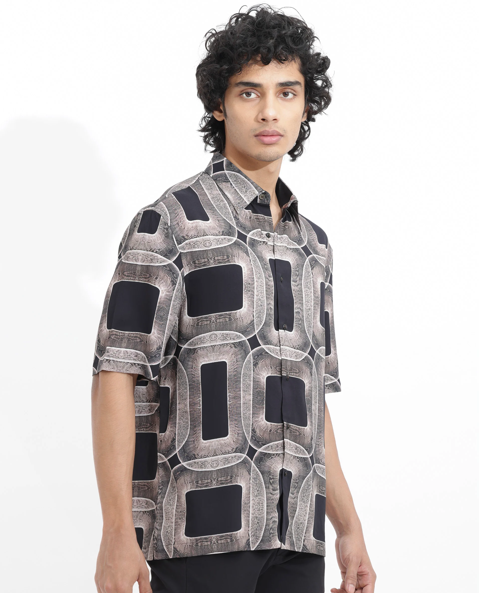 Rare Rabbit Men's Mecro Ss Brown Viscose Abstract Print Boxy Fit Half Sleeve Collared Shirt - Image 6