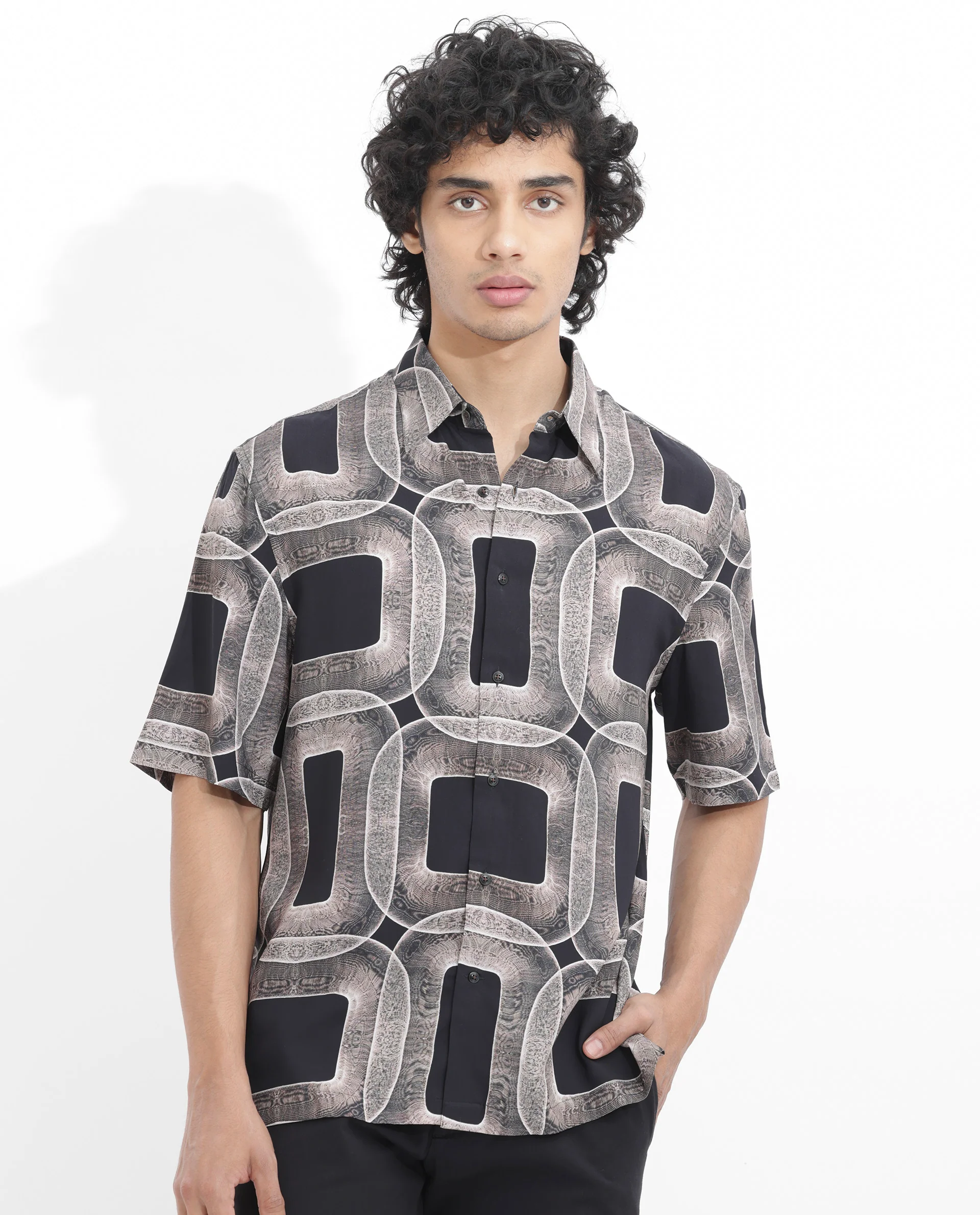Rare Rabbit Men's Mecro Ss Brown Viscose Abstract Print Boxy Fit Half Sleeve Collared Shirt - Image 8