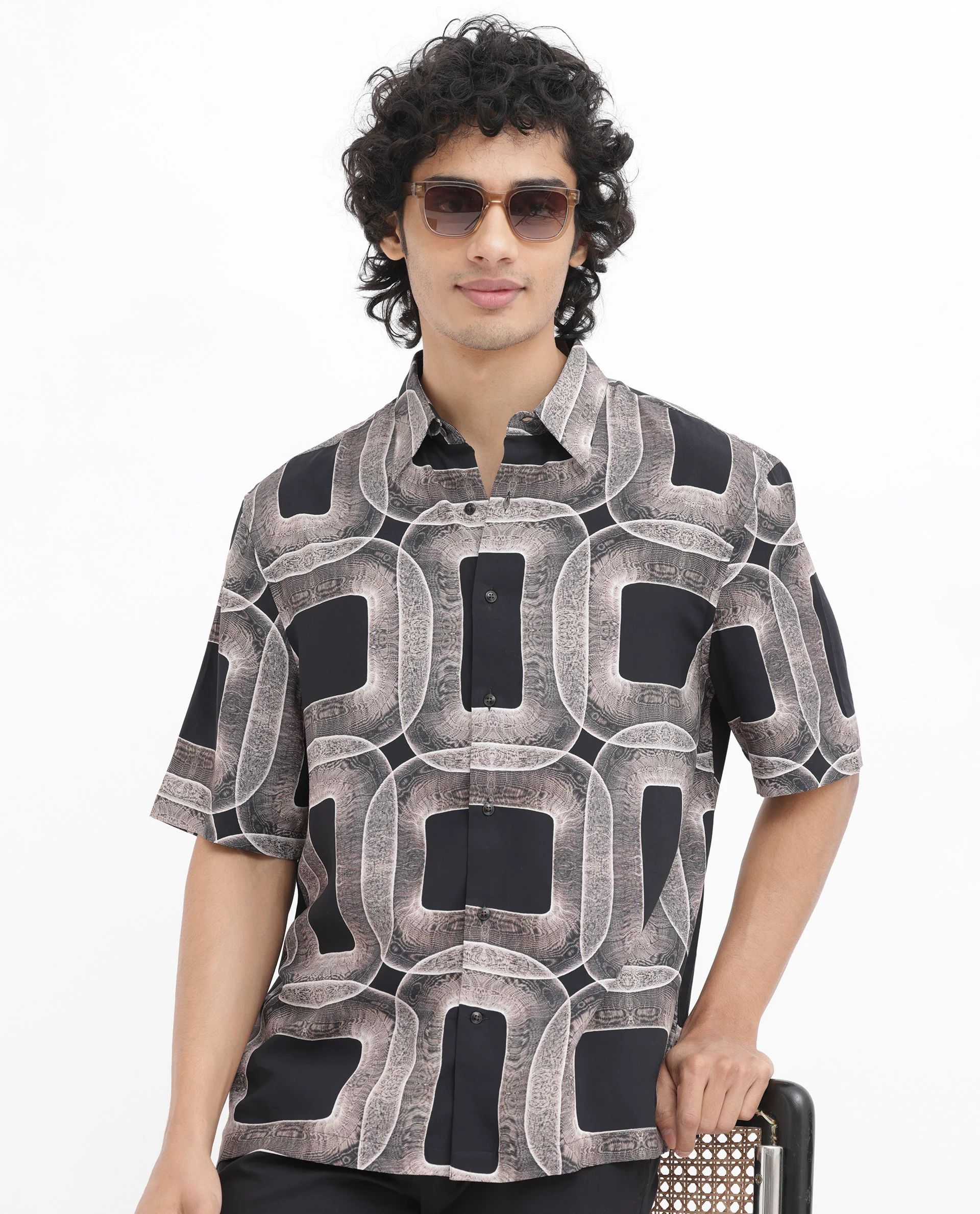 Rare Rabbit Men's Mecro Ss Brown Viscose Abstract Print Boxy Fit Half Sleeve Collared Shirt - Image 9