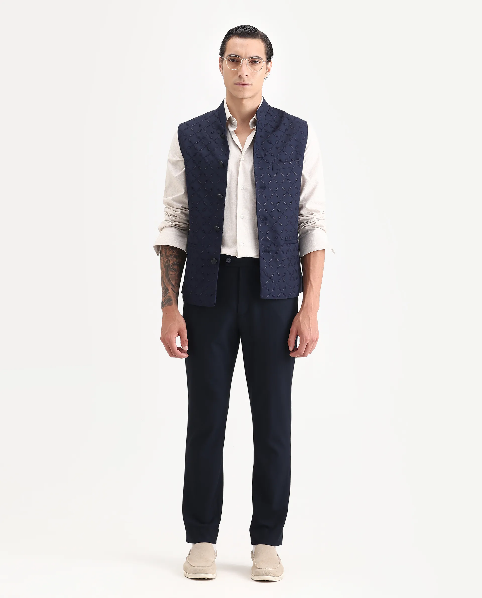 Rare Rabbit Men's Medob Dark Navy Viscose Embroidered Tailored Fit Sleeveless Mandarin Collar Bandhgala Rare Rabbit Men's Lasmos-B1 Beige Viscose Embroidered Regular Fit Sleeveless Mandarin Collar Bandhgala Nehru Jacket - Image 2