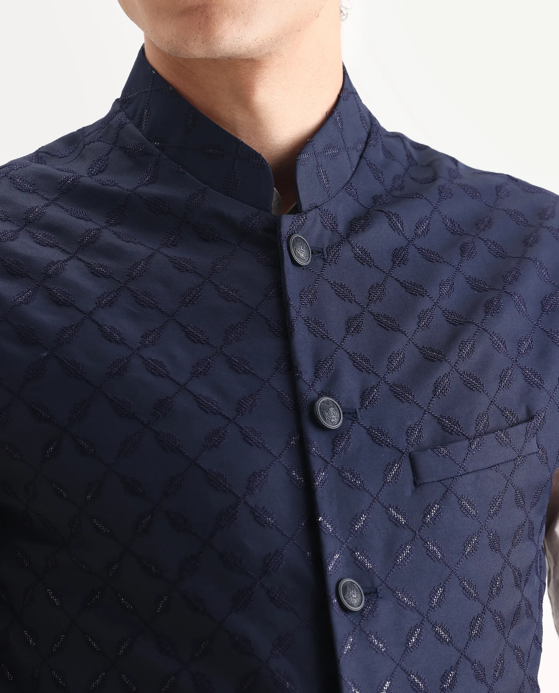 Rare Rabbit Men's Medob Dark Navy Viscose Embroidered Tailored Fit Sleeveless Mandarin Collar Bandhgala Rare Rabbit Men's Lasmos-B1 Beige Viscose Embroidered Regular Fit Sleeveless Mandarin Collar Bandhgala Nehru Jacket - Image 3