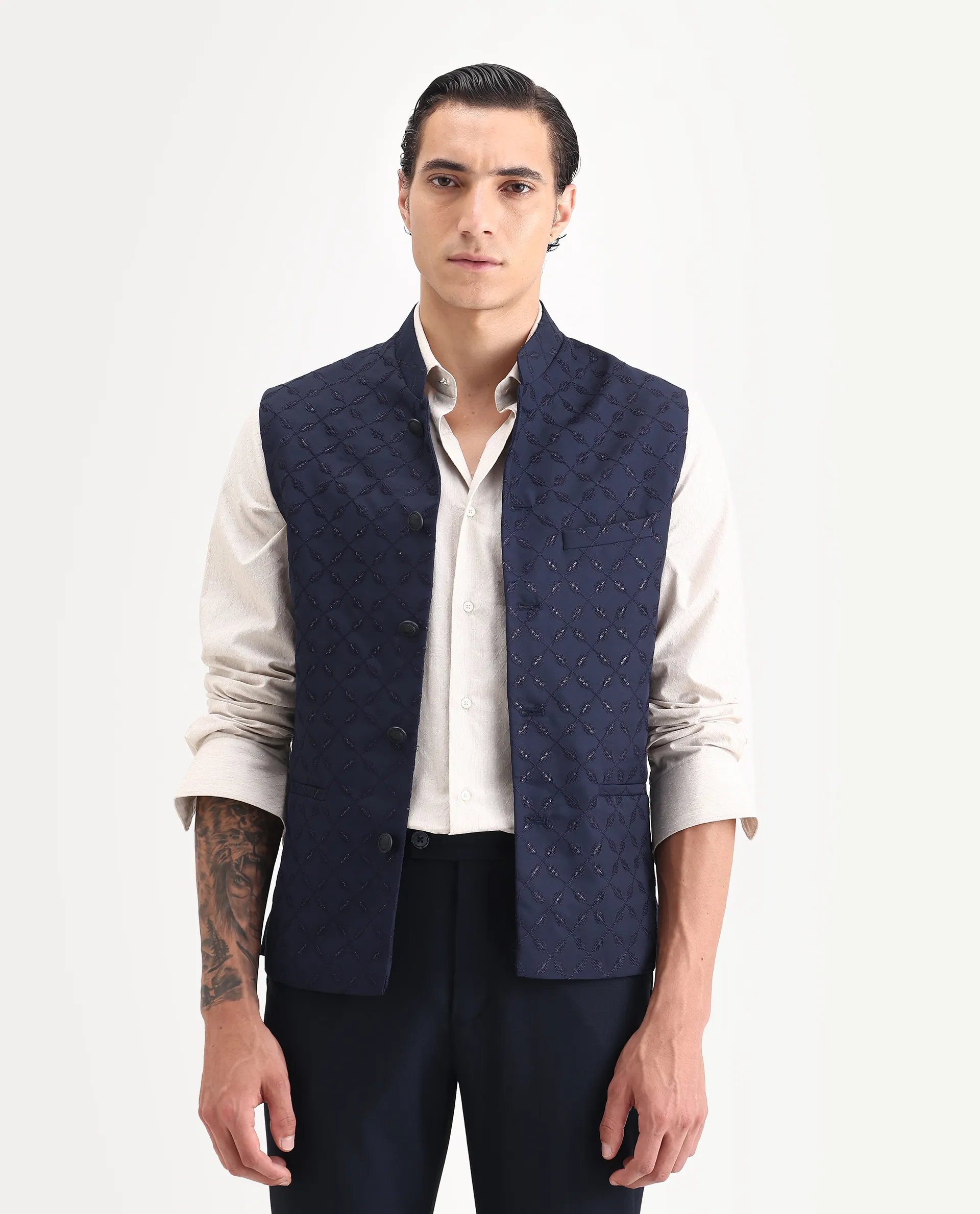 Rare Rabbit Men's Medob Dark Navy Viscose Embroidered Tailored Fit Sleeveless Mandarin Collar Bandhgala Rare Rabbit Men's Lasmos-B1 Beige Viscose Embroidered Regular Fit Sleeveless Mandarin Collar Bandhgala Nehru Jacket - Image 4