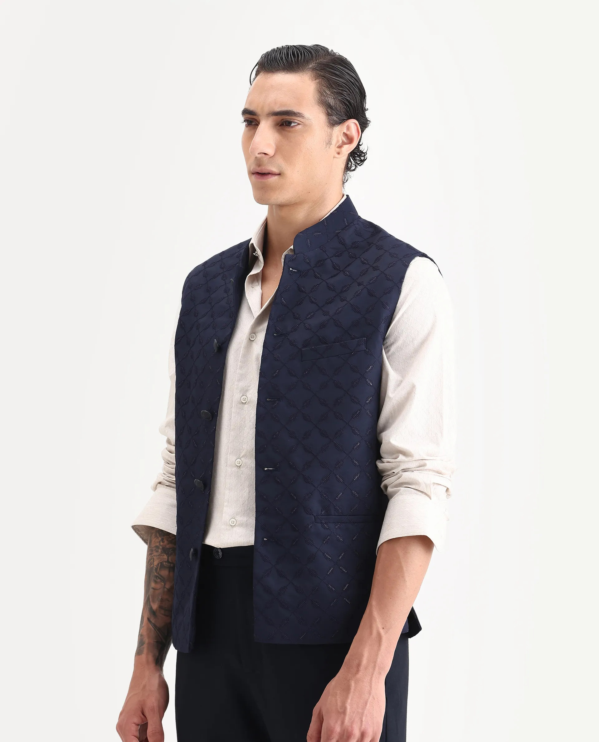 Rare Rabbit Men's Medob Dark Navy Viscose Embroidered Tailored Fit Sleeveless Mandarin Collar Bandhgala Rare Rabbit Men's Lasmos-B1 Beige Viscose Embroidered Regular Fit Sleeveless Mandarin Collar Bandhgala Nehru Jacket - Image 5