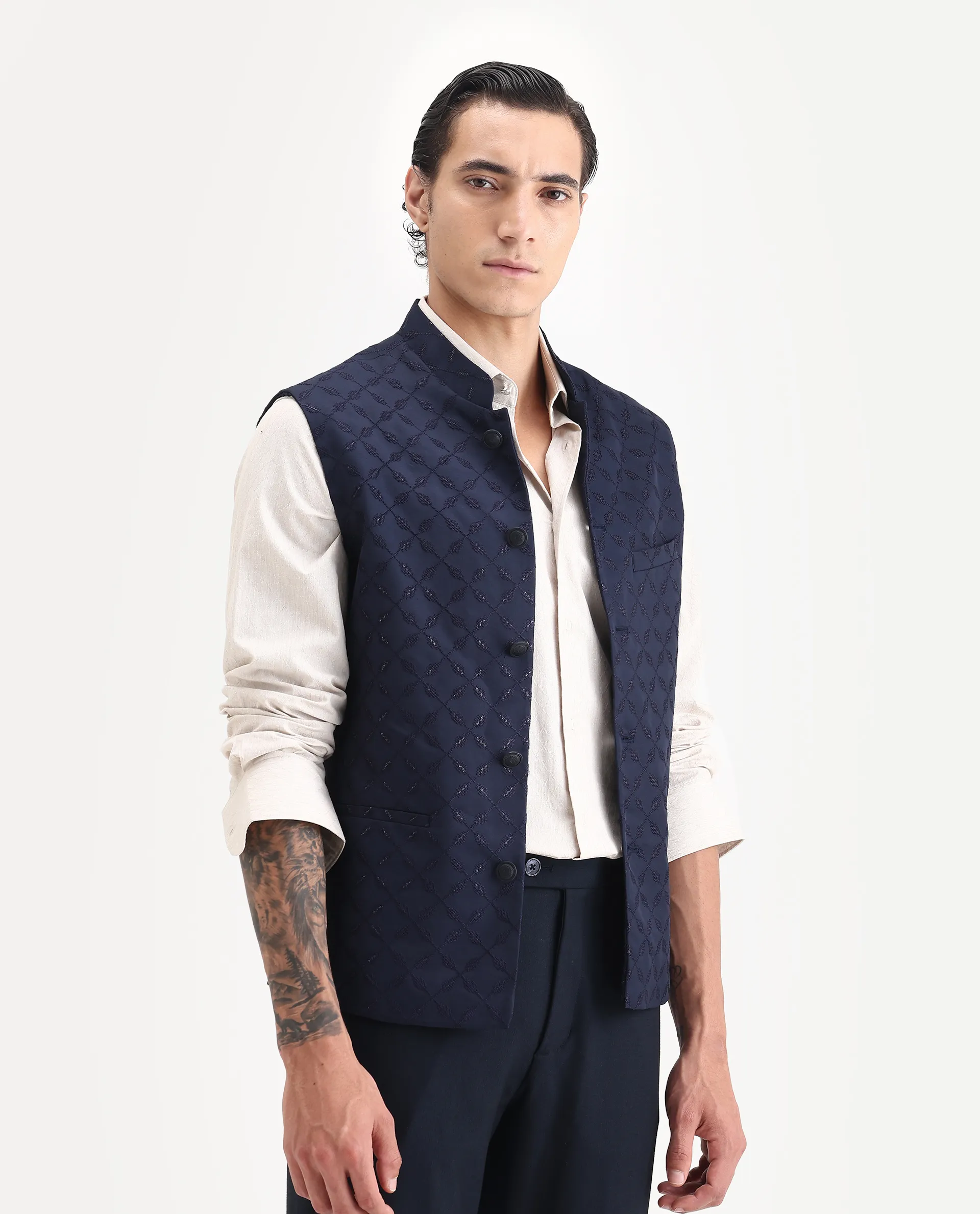 Rare Rabbit Men's Medob Dark Navy Viscose Embroidered Tailored Fit Sleeveless Mandarin Collar Bandhgala Rare Rabbit Men's Lasmos-B1 Beige Viscose Embroidered Regular Fit Sleeveless Mandarin Collar Bandhgala Nehru Jacket - Image 6