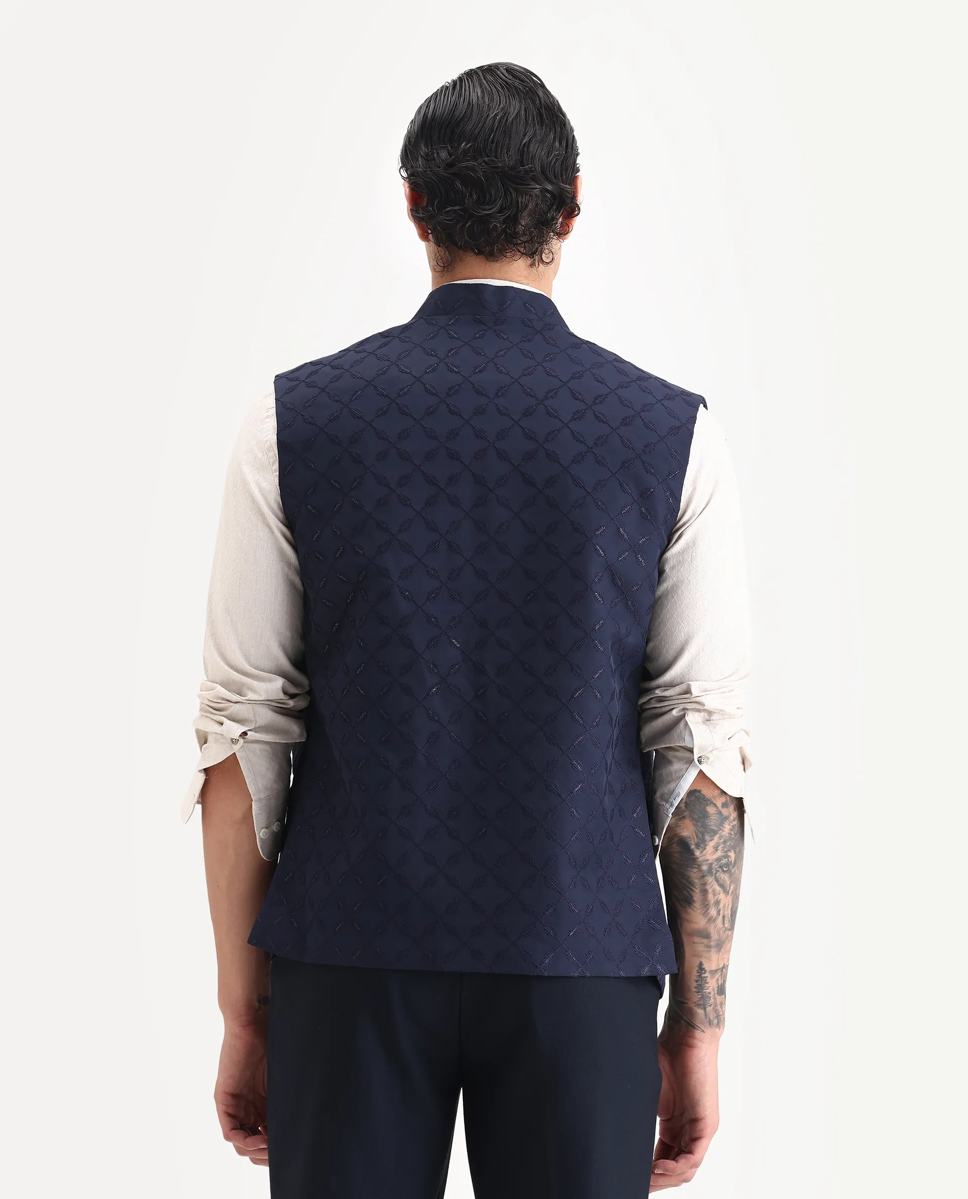 Rare Rabbit Men's Medob Dark Navy Viscose Embroidered Tailored Fit Sleeveless Mandarin Collar Bandhgala Rare Rabbit Men's Lasmos-B1 Beige Viscose Embroidered Regular Fit Sleeveless Mandarin Collar Bandhgala Nehru Jacket - Image 7