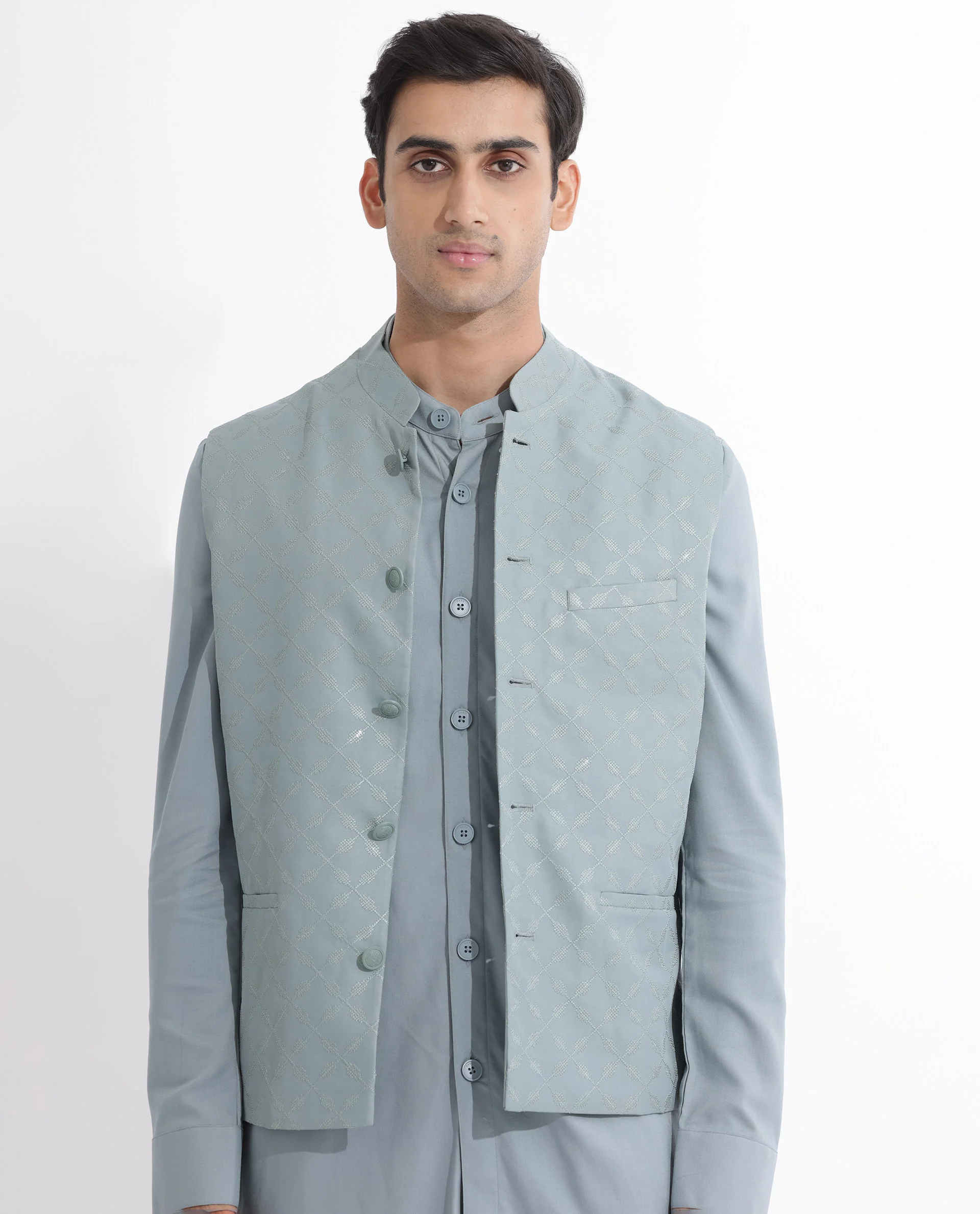 Rare Rabbit Men's Medob Dusky Green Viscose Embroidered Tailored Fit Sleeveless Mandarin Collar Bandhgala Rare Rabbit Men's Lasmos-B1 Beige Viscose Embroidered Regular Fit Sleeveless Mandarin Collar Bandhgala Nehru Jacket - Image 10