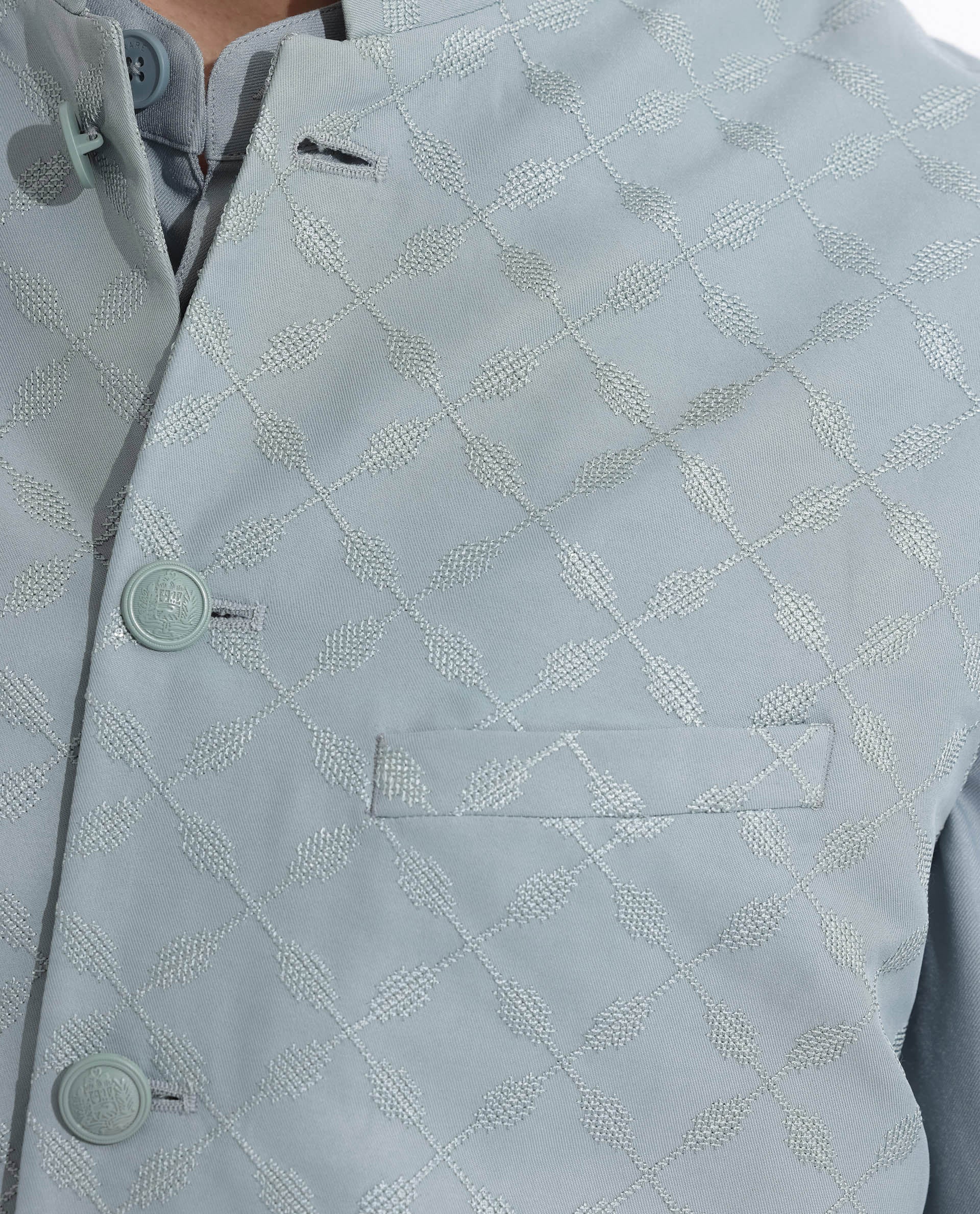 Rare Rabbit Men's Medob Dusky Green Viscose Embroidered Tailored Fit Sleeveless Mandarin Collar Bandhgala Rare Rabbit Men's Lasmos-B1 Beige Viscose Embroidered Regular Fit Sleeveless Mandarin Collar Bandhgala Nehru Jacket - Image 2