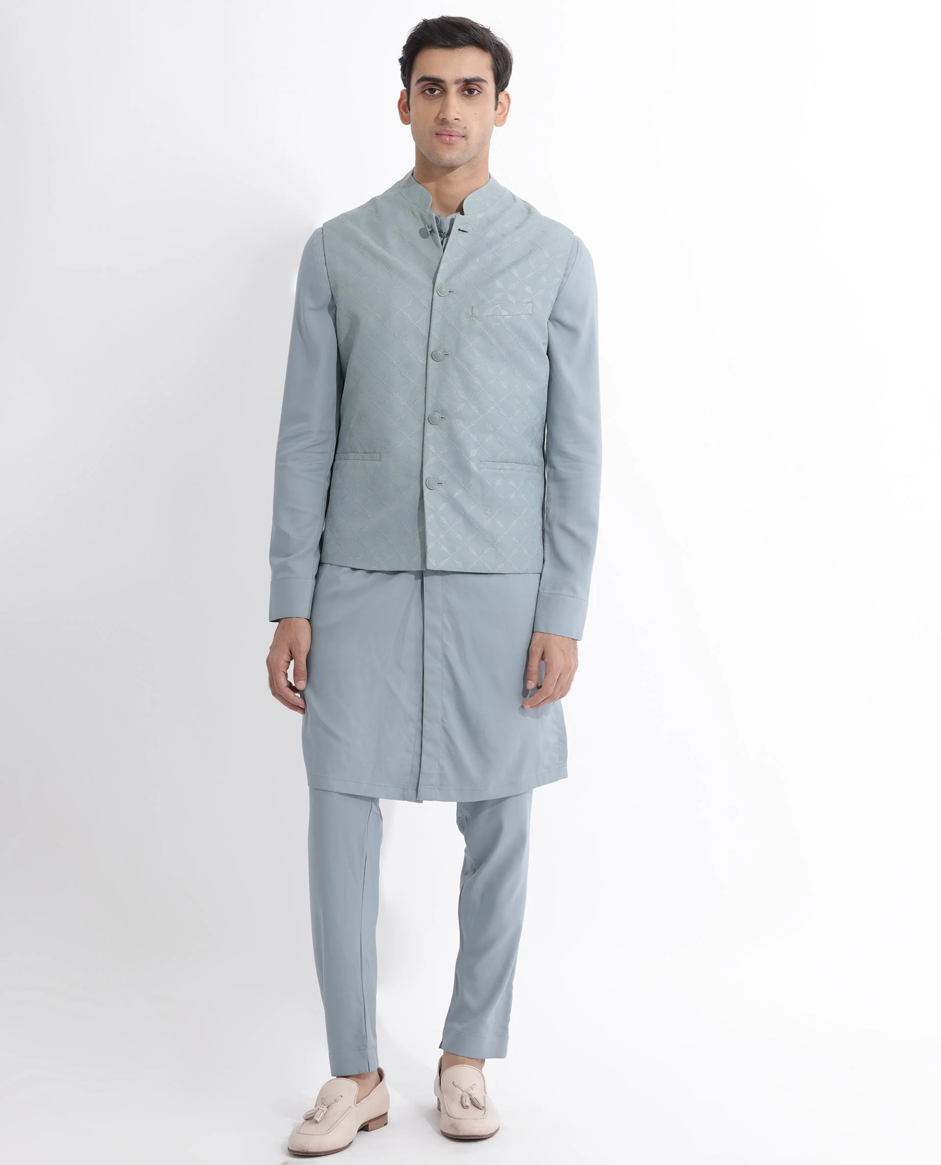Rare Rabbit Men's Medob Dusky Green Viscose Embroidered Tailored Fit Sleeveless Mandarin Collar Bandhgala Rare Rabbit Men's Lasmos-B1 Beige Viscose Embroidered Regular Fit Sleeveless Mandarin Collar Bandhgala Nehru Jacket - Image 3