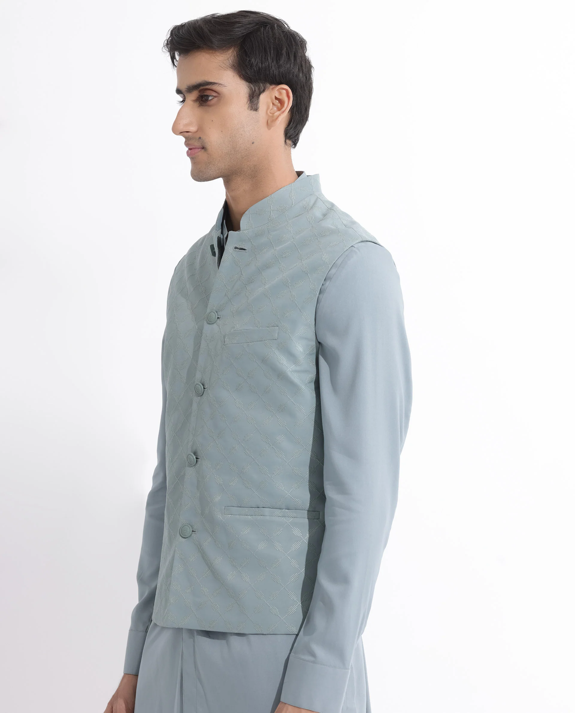 Rare Rabbit Men's Medob Dusky Green Viscose Embroidered Tailored Fit Sleeveless Mandarin Collar Bandhgala Rare Rabbit Men's Lasmos-B1 Beige Viscose Embroidered Regular Fit Sleeveless Mandarin Collar Bandhgala Nehru Jacket - Image 4