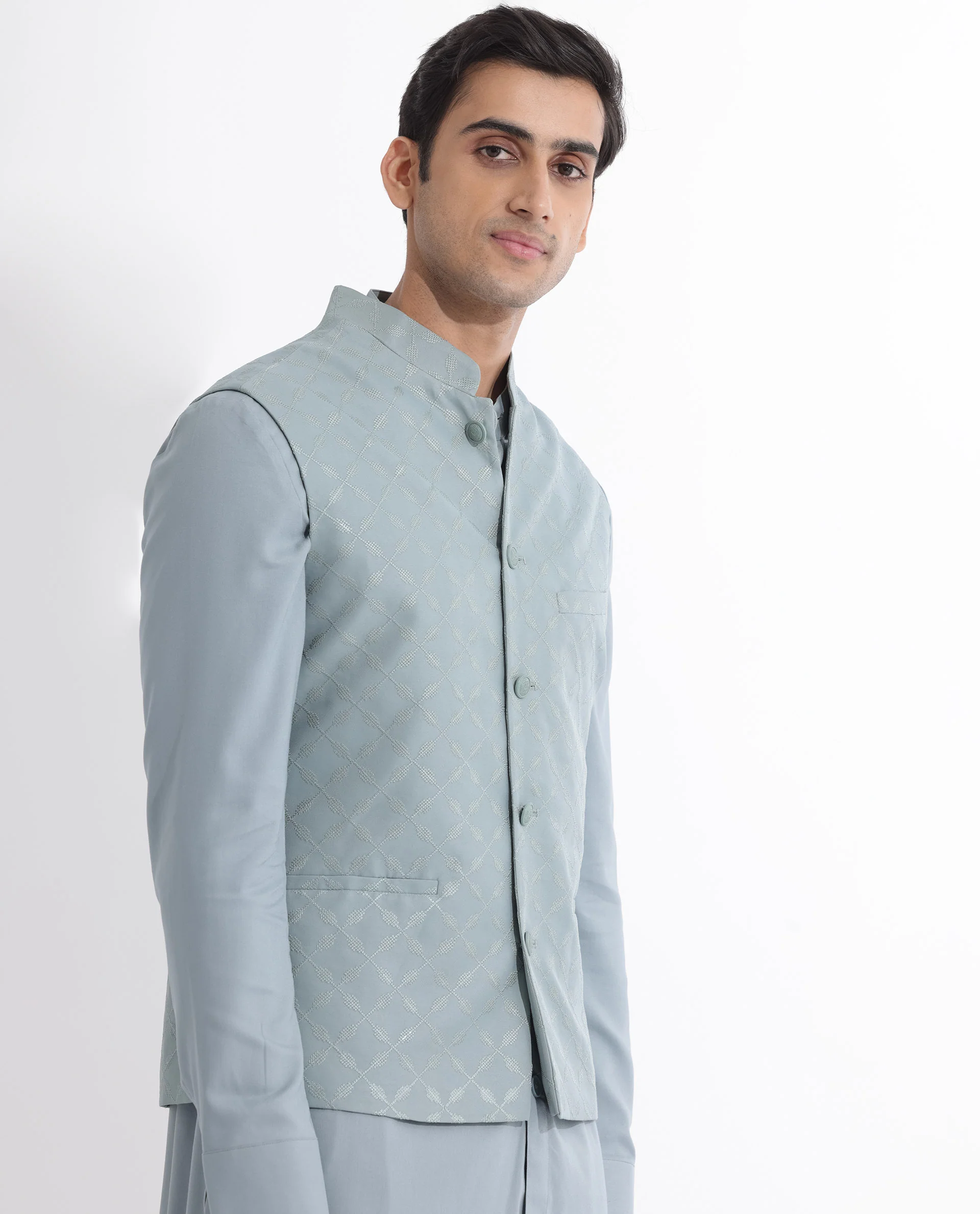 Rare Rabbit Men's Medob Dusky Green Viscose Embroidered Tailored Fit Sleeveless Mandarin Collar Bandhgala Rare Rabbit Men's Lasmos-B1 Beige Viscose Embroidered Regular Fit Sleeveless Mandarin Collar Bandhgala Nehru Jacket - Image 5