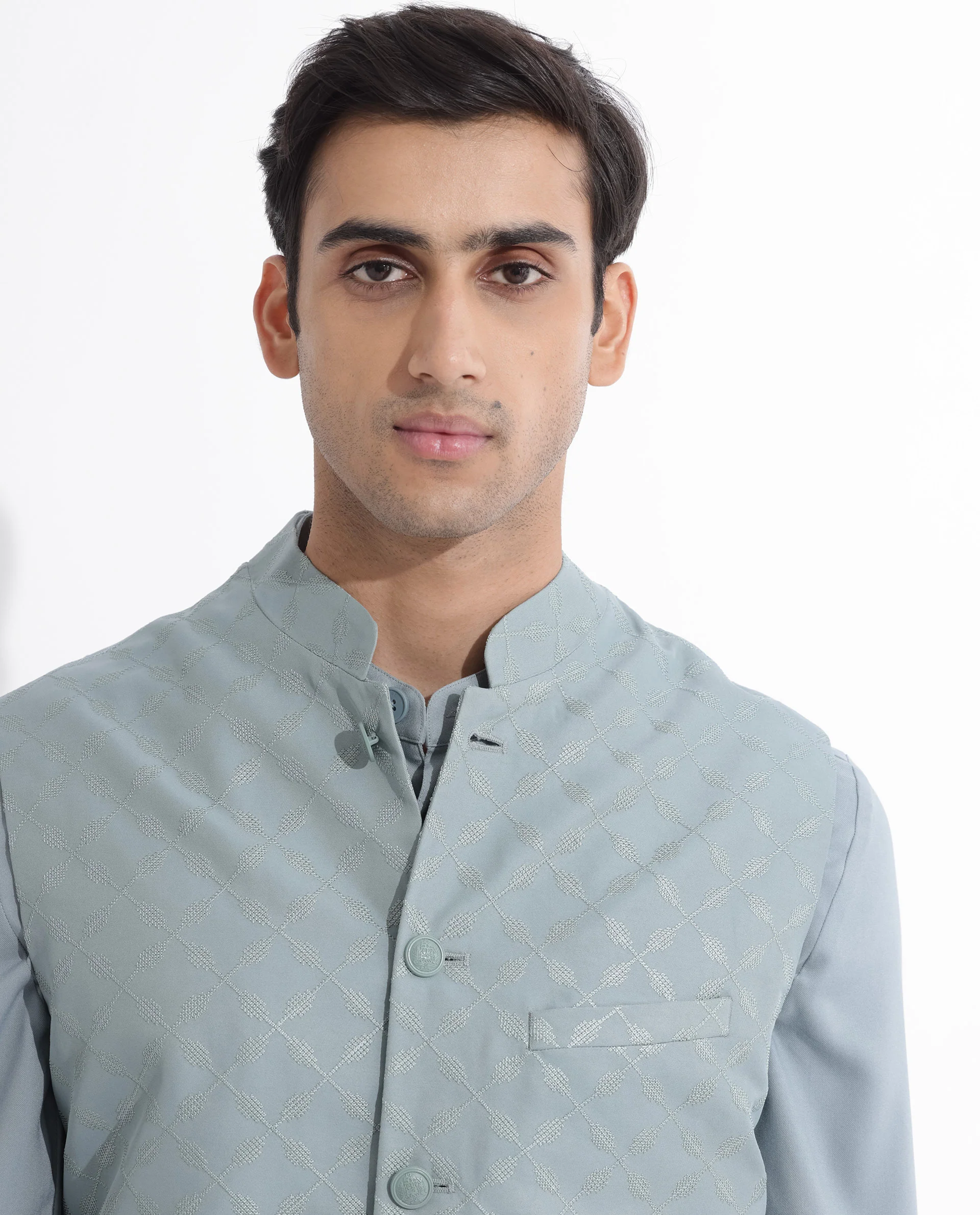 Rare Rabbit Men's Medob Dusky Green Viscose Embroidered Tailored Fit Sleeveless Mandarin Collar Bandhgala Rare Rabbit Men's Lasmos-B1 Beige Viscose Embroidered Regular Fit Sleeveless Mandarin Collar Bandhgala Nehru Jacket - Image 6