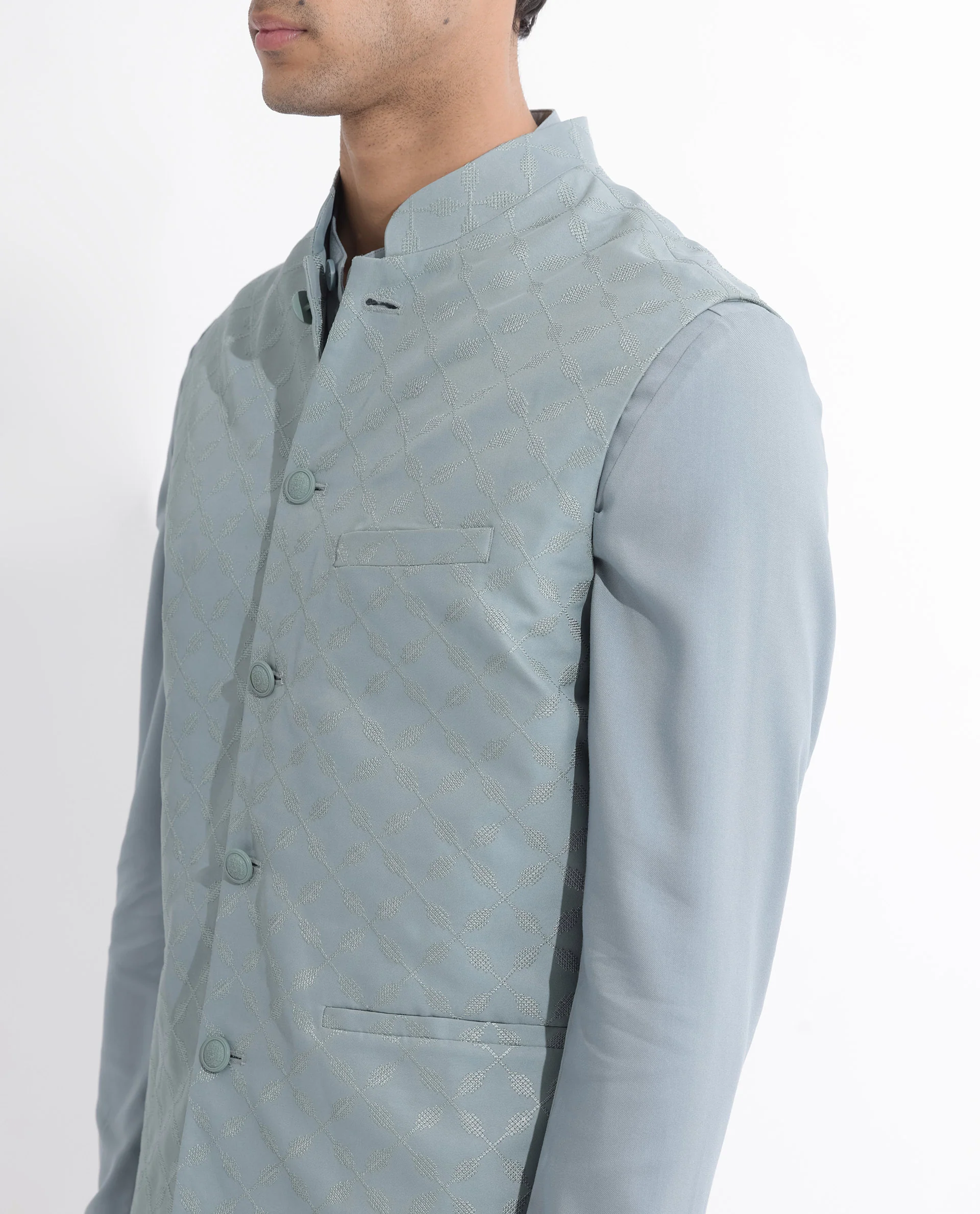 Rare Rabbit Men's Medob Dusky Green Viscose Embroidered Tailored Fit Sleeveless Mandarin Collar Bandhgala Rare Rabbit Men's Lasmos-B1 Beige Viscose Embroidered Regular Fit Sleeveless Mandarin Collar Bandhgala Nehru Jacket - Image 7