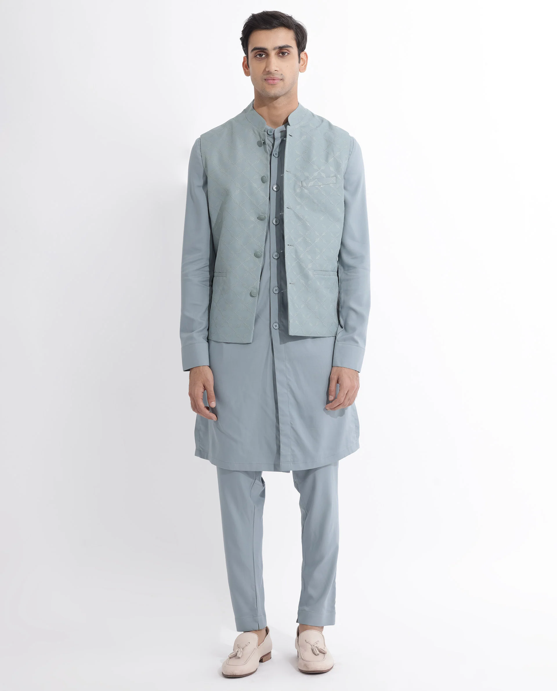Rare Rabbit Men's Medob Dusky Green Viscose Embroidered Tailored Fit Sleeveless Mandarin Collar Bandhgala Rare Rabbit Men's Lasmos-B1 Beige Viscose Embroidered Regular Fit Sleeveless Mandarin Collar Bandhgala Nehru Jacket - Image 8