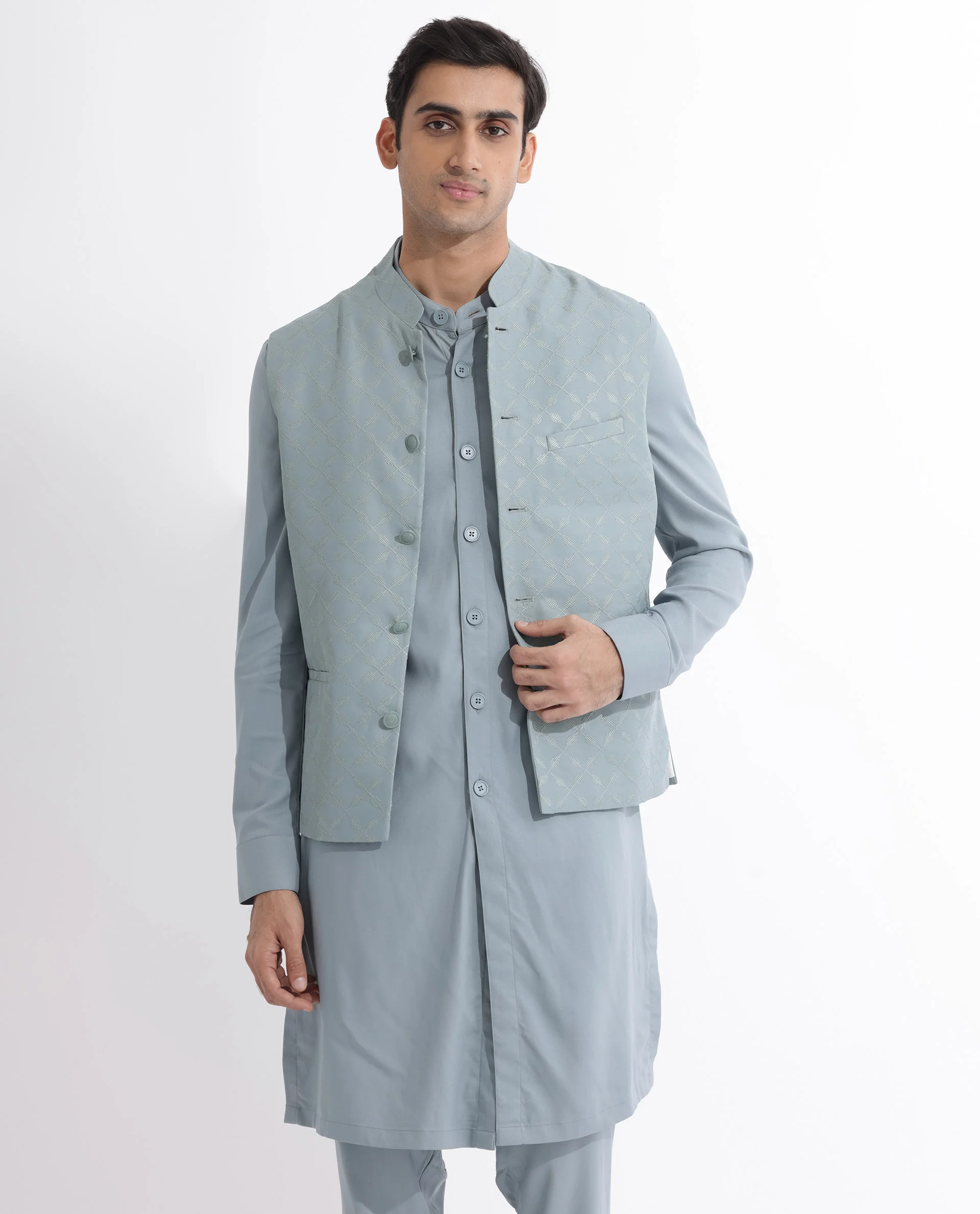 Rare Rabbit Men's Medob Dusky Green Viscose Embroidered Tailored Fit Sleeveless Mandarin Collar Bandhgala Rare Rabbit Men's Lasmos-B1 Beige Viscose Embroidered Regular Fit Sleeveless Mandarin Collar Bandhgala Nehru Jacket - Image 9