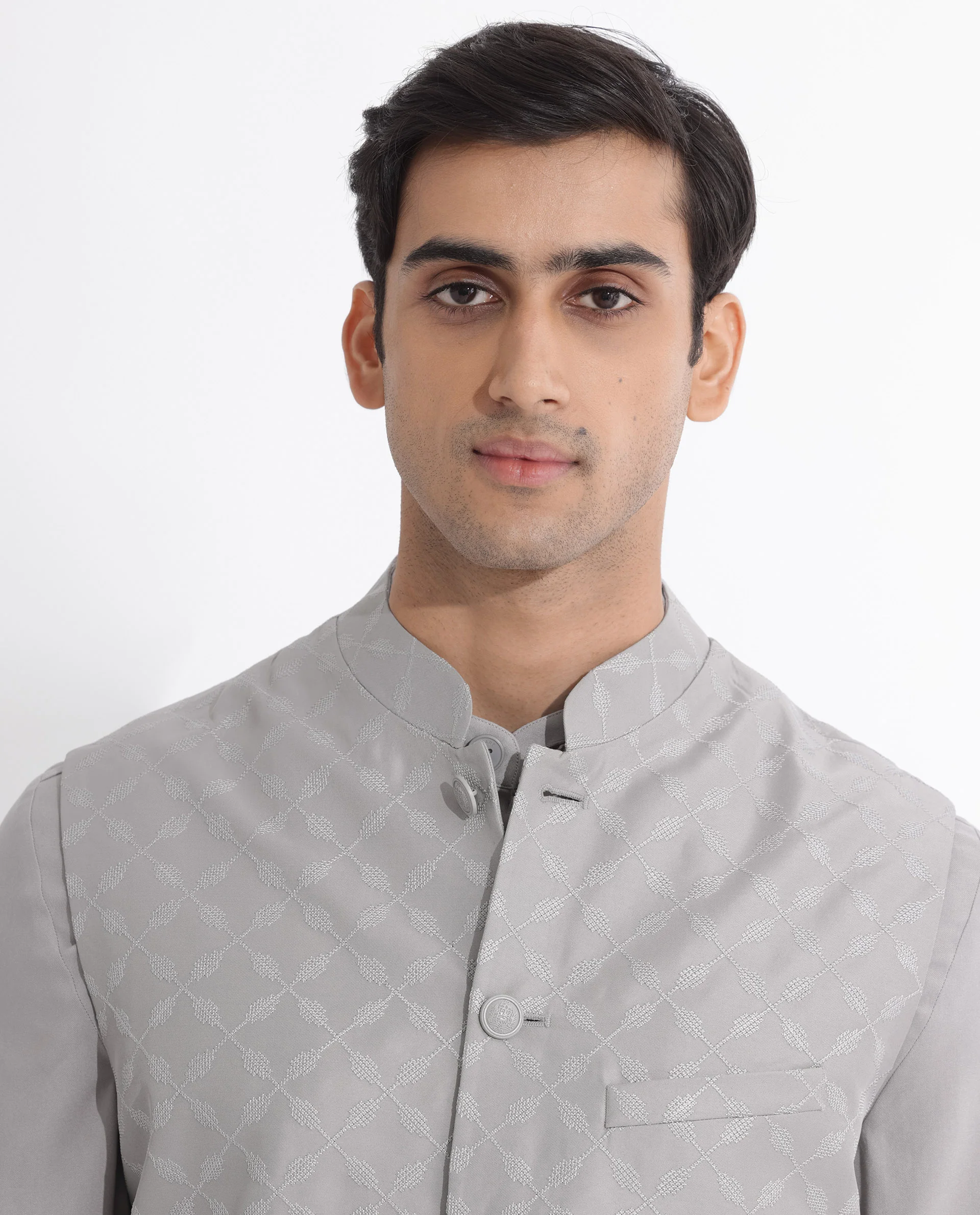 Rare Rabbit Men's Medob Grey Viscose Embroidered Tailored Fit Sleeveless Mandarin Collar Bandhgala Rare Rabbit Men's Lasmos-B1 Beige Viscose Embroidered Regular Fit Sleeveless Mandarin Collar Bandhgala Nehru Jacket - Image 2