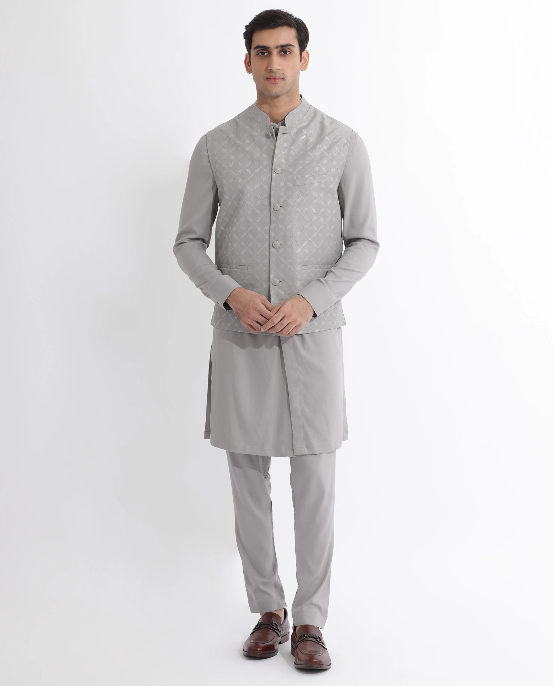 Rare Rabbit Men's Medob Grey Viscose Embroidered Tailored Fit Sleeveless Mandarin Collar Bandhgala Rare Rabbit Men's Lasmos-B1 Beige Viscose Embroidered Regular Fit Sleeveless Mandarin Collar Bandhgala Nehru Jacket - Image 3