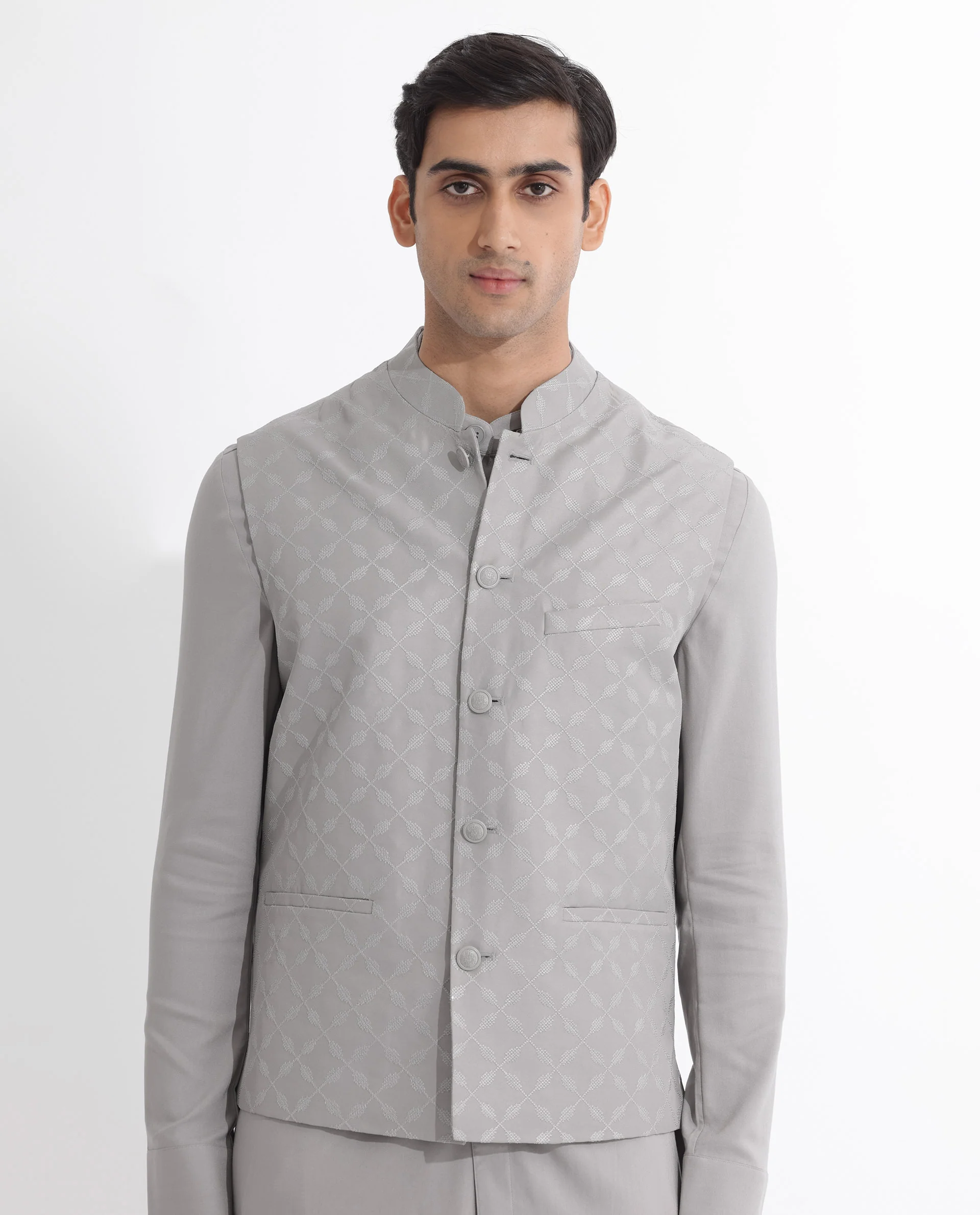 Rare Rabbit Men's Medob Grey Viscose Embroidered Tailored Fit Sleeveless Mandarin Collar Bandhgala Rare Rabbit Men's Lasmos-B1 Beige Viscose Embroidered Regular Fit Sleeveless Mandarin Collar Bandhgala Nehru Jacket - Image 4