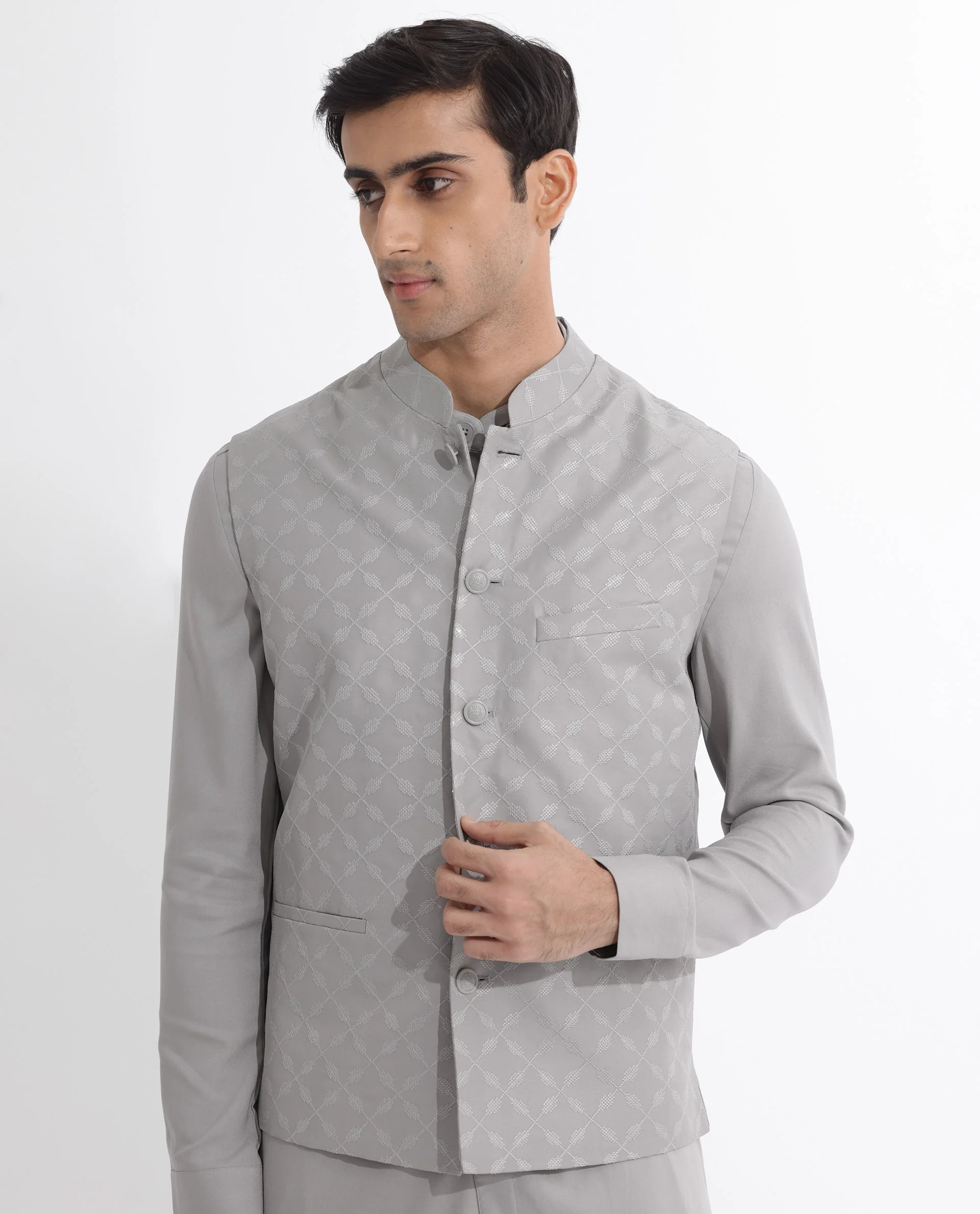Rare Rabbit Men's Medob Grey Viscose Embroidered Tailored Fit Sleeveless Mandarin Collar Bandhgala Rare Rabbit Men's Lasmos-B1 Beige Viscose Embroidered Regular Fit Sleeveless Mandarin Collar Bandhgala Nehru Jacket - Image 5