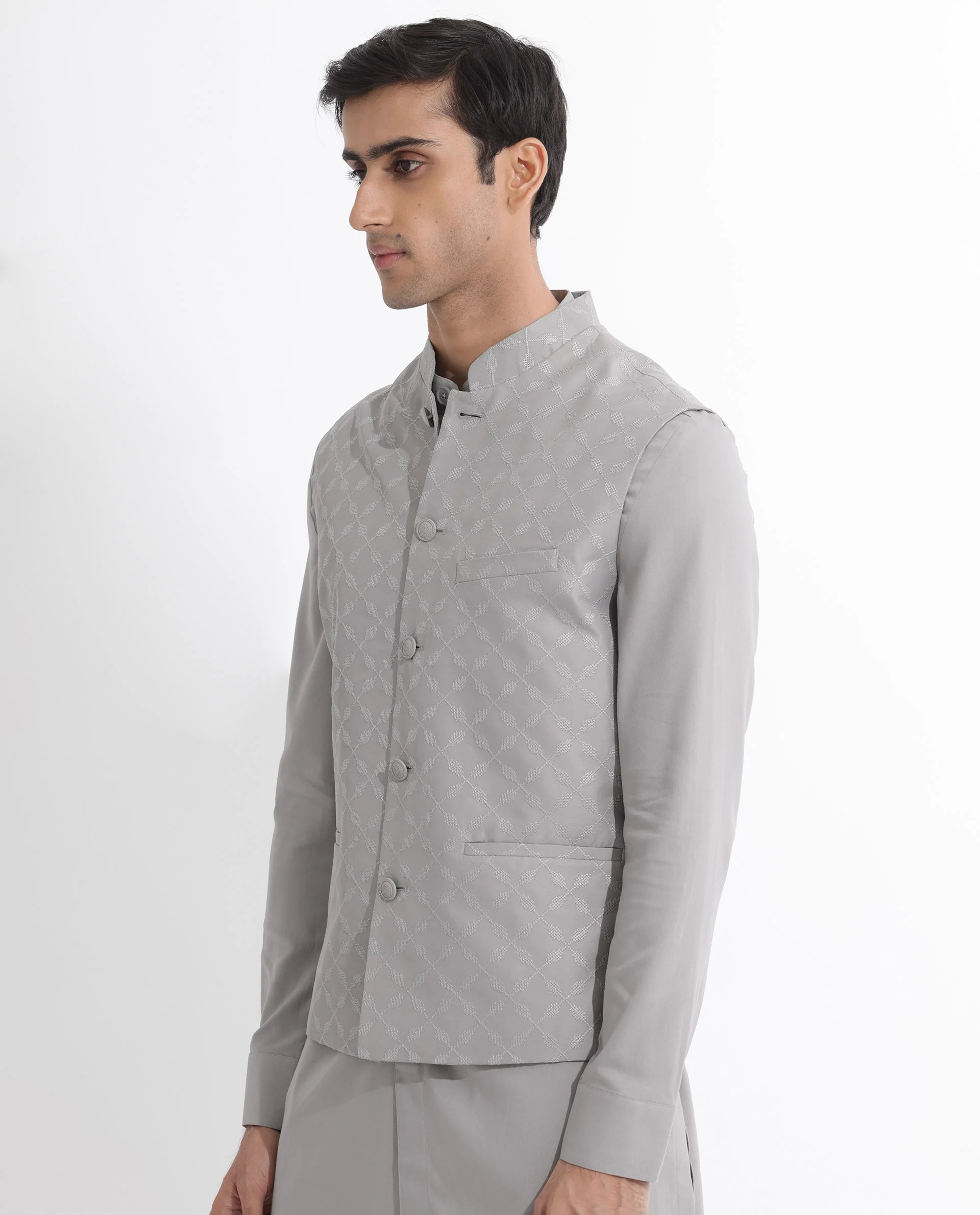 Rare Rabbit Men's Medob Grey Viscose Embroidered Tailored Fit Sleeveless Mandarin Collar Bandhgala Rare Rabbit Men's Lasmos-B1 Beige Viscose Embroidered Regular Fit Sleeveless Mandarin Collar Bandhgala Nehru Jacket - Image 6