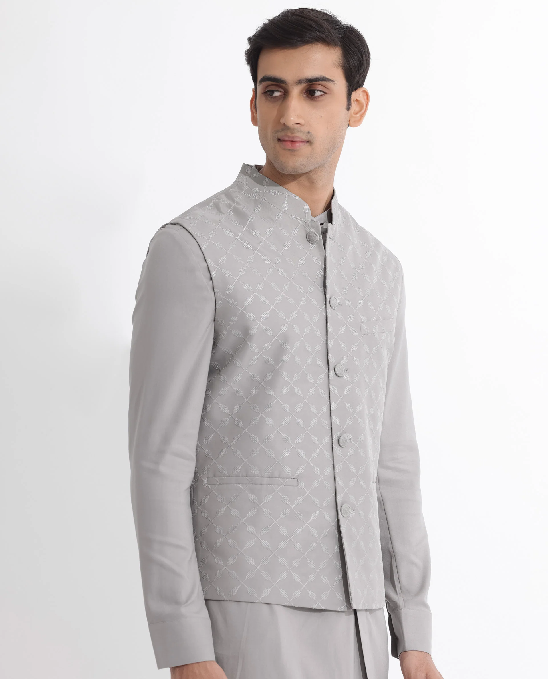Rare Rabbit Men's Medob Grey Viscose Embroidered Tailored Fit Sleeveless Mandarin Collar Bandhgala Rare Rabbit Men's Lasmos-B1 Beige Viscose Embroidered Regular Fit Sleeveless Mandarin Collar Bandhgala Nehru Jacket - Image 7