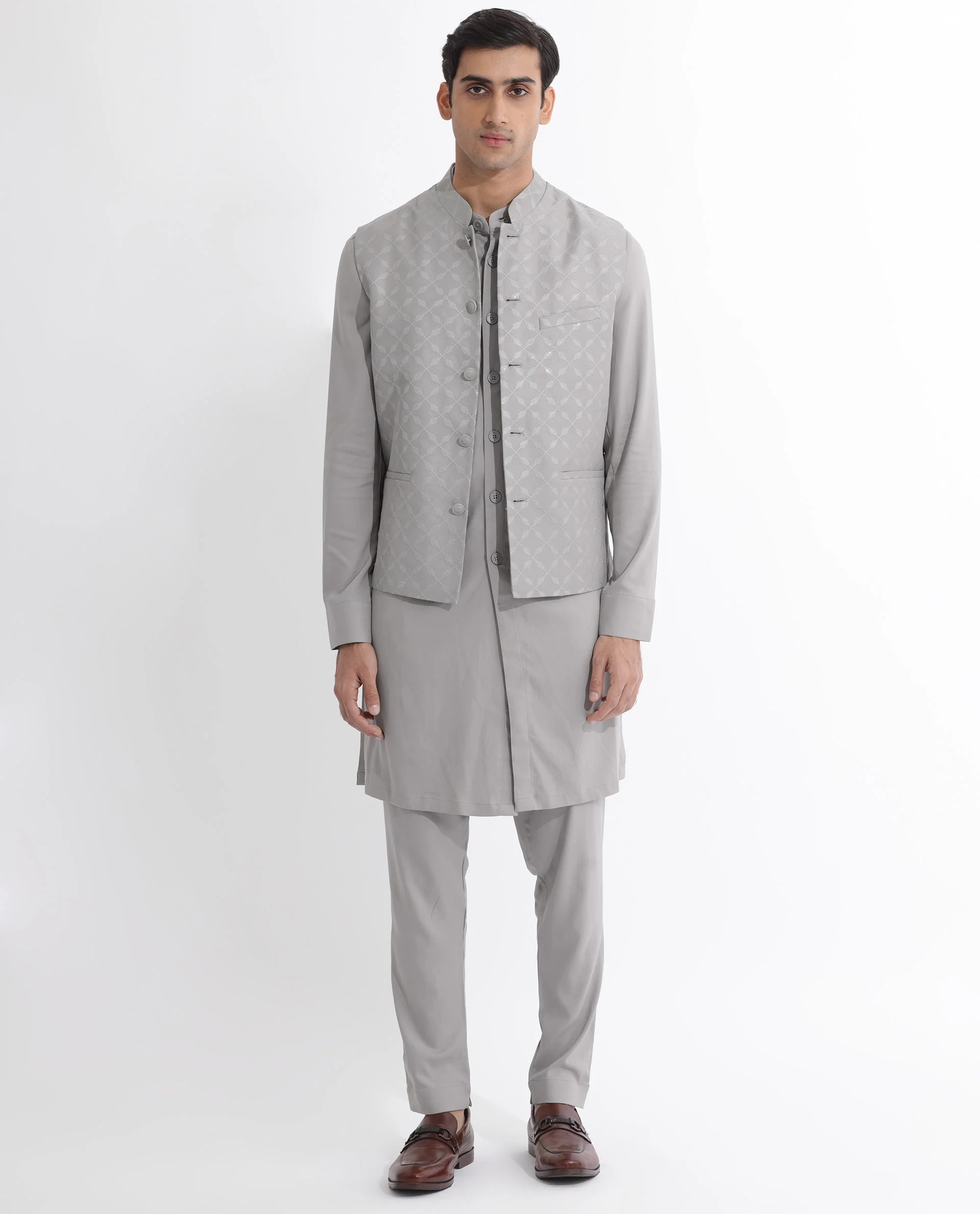 Rare Rabbit Men's Medob Grey Viscose Embroidered Tailored Fit Sleeveless Mandarin Collar Bandhgala Rare Rabbit Men's Lasmos-B1 Beige Viscose Embroidered Regular Fit Sleeveless Mandarin Collar Bandhgala Nehru Jacket - Image 8