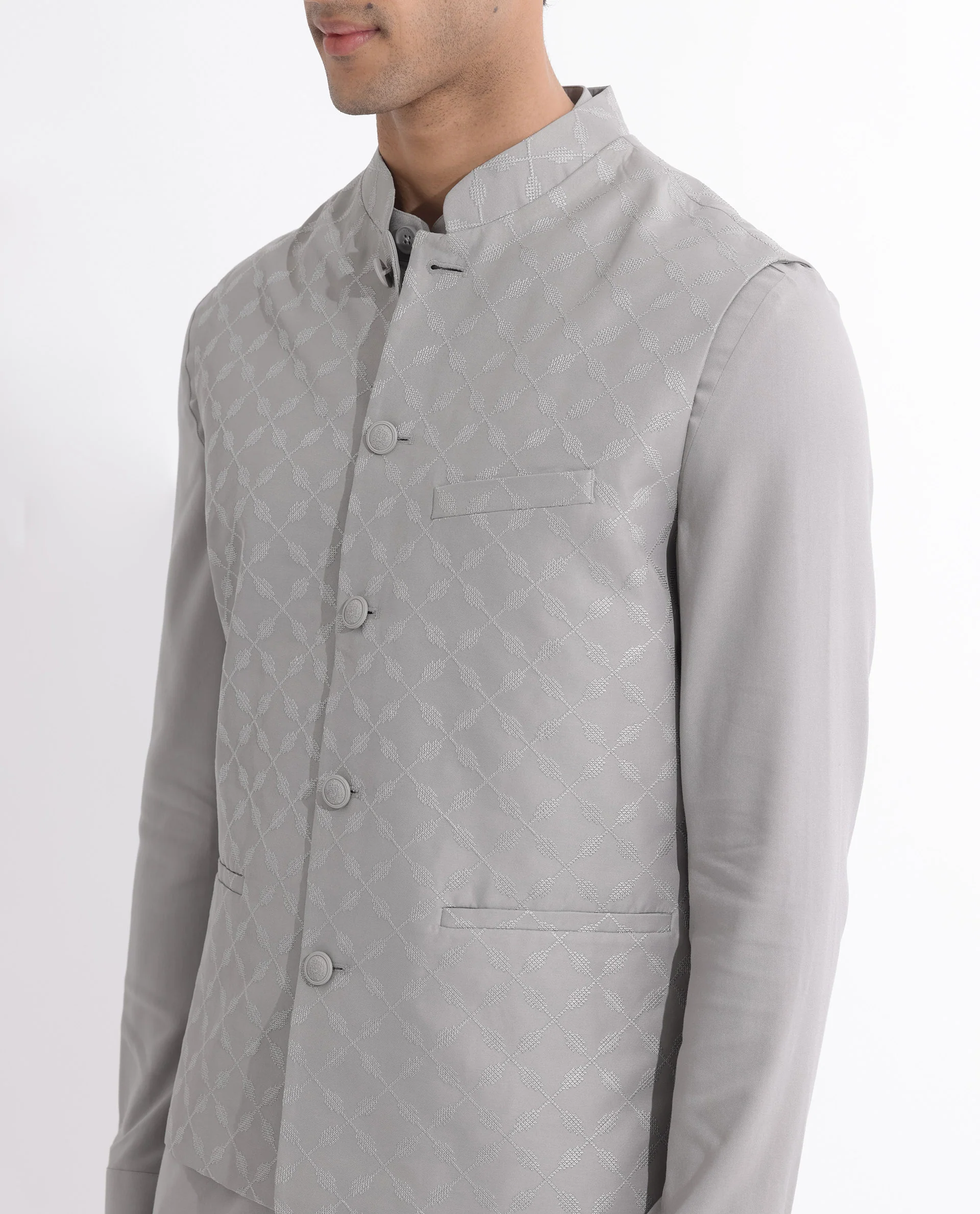 Rare Rabbit Men's Medob Grey Viscose Embroidered Tailored Fit Sleeveless Mandarin Collar Bandhgala Rare Rabbit Men's Lasmos-B1 Beige Viscose Embroidered Regular Fit Sleeveless Mandarin Collar Bandhgala Nehru Jacket - Image 9
