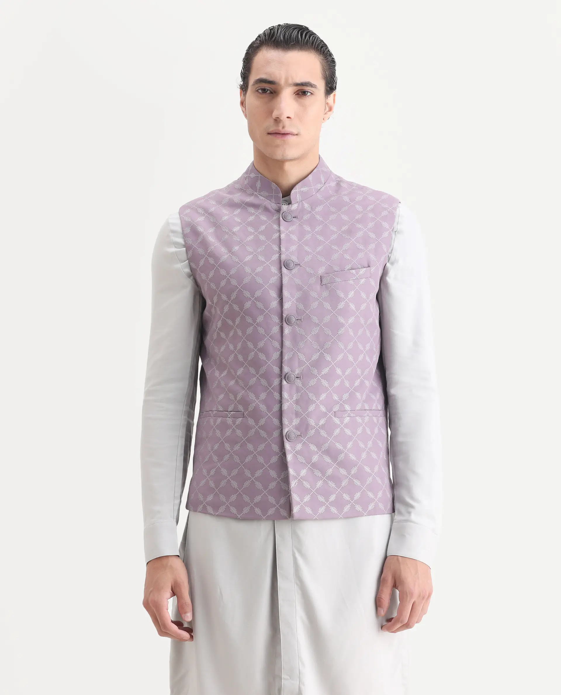 Rare Rabbit Men's Medob Pastel Purple Viscose Embroidered Tailored Fit Sleeveless Mandarin Collar Bandhgala Rare Rabbit Men's Lasmos-B1 Beige Viscose Embroidered Regular Fit Sleeveless Mandarin Collar Bandhgala Nehru Jacket