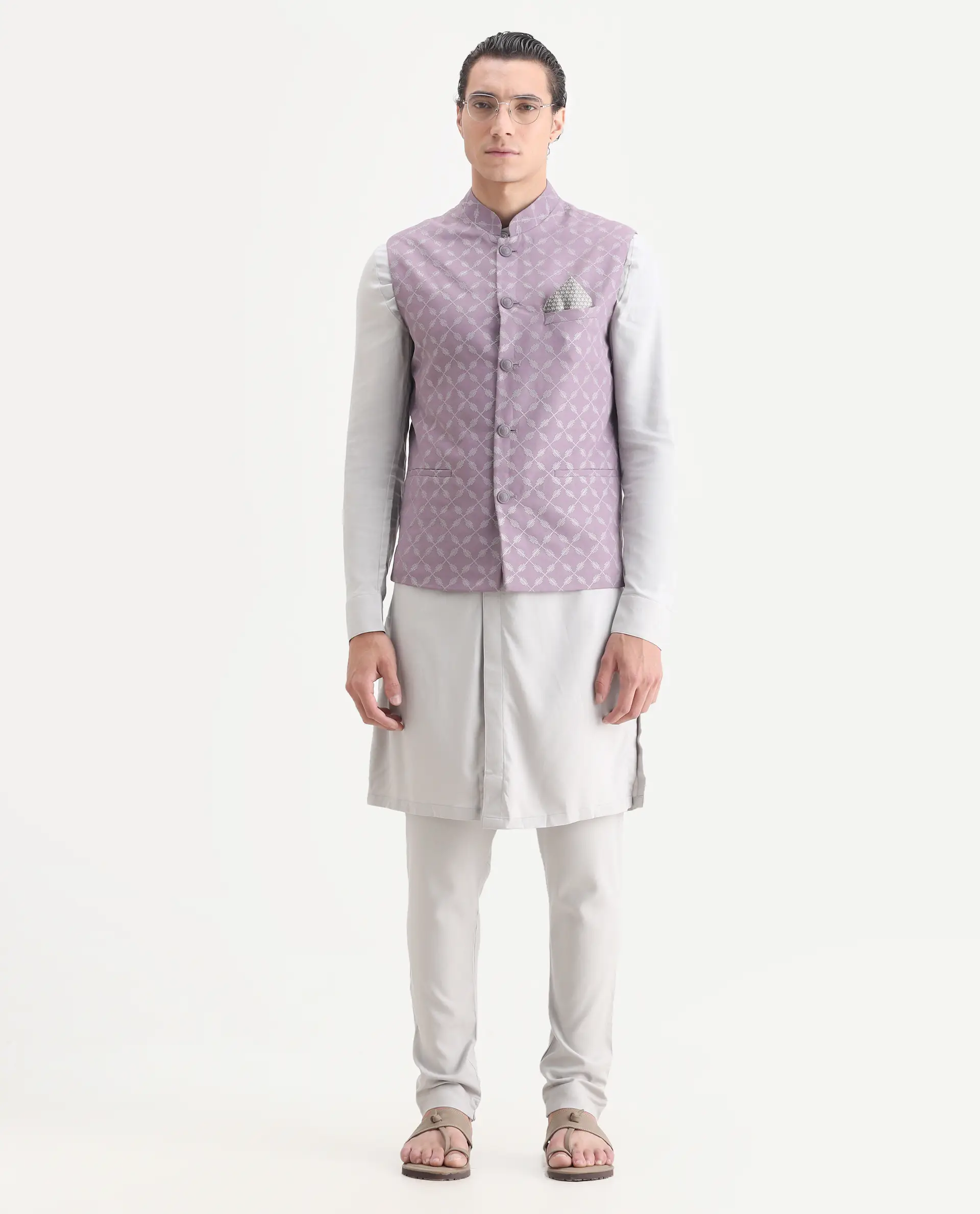Rare Rabbit Men's Medob Pastel Purple Viscose Embroidered Tailored Fit Sleeveless Mandarin Collar Bandhgala Rare Rabbit Men's Lasmos-B1 Beige Viscose Embroidered Regular Fit Sleeveless Mandarin Collar Bandhgala Nehru Jacket - Image 2