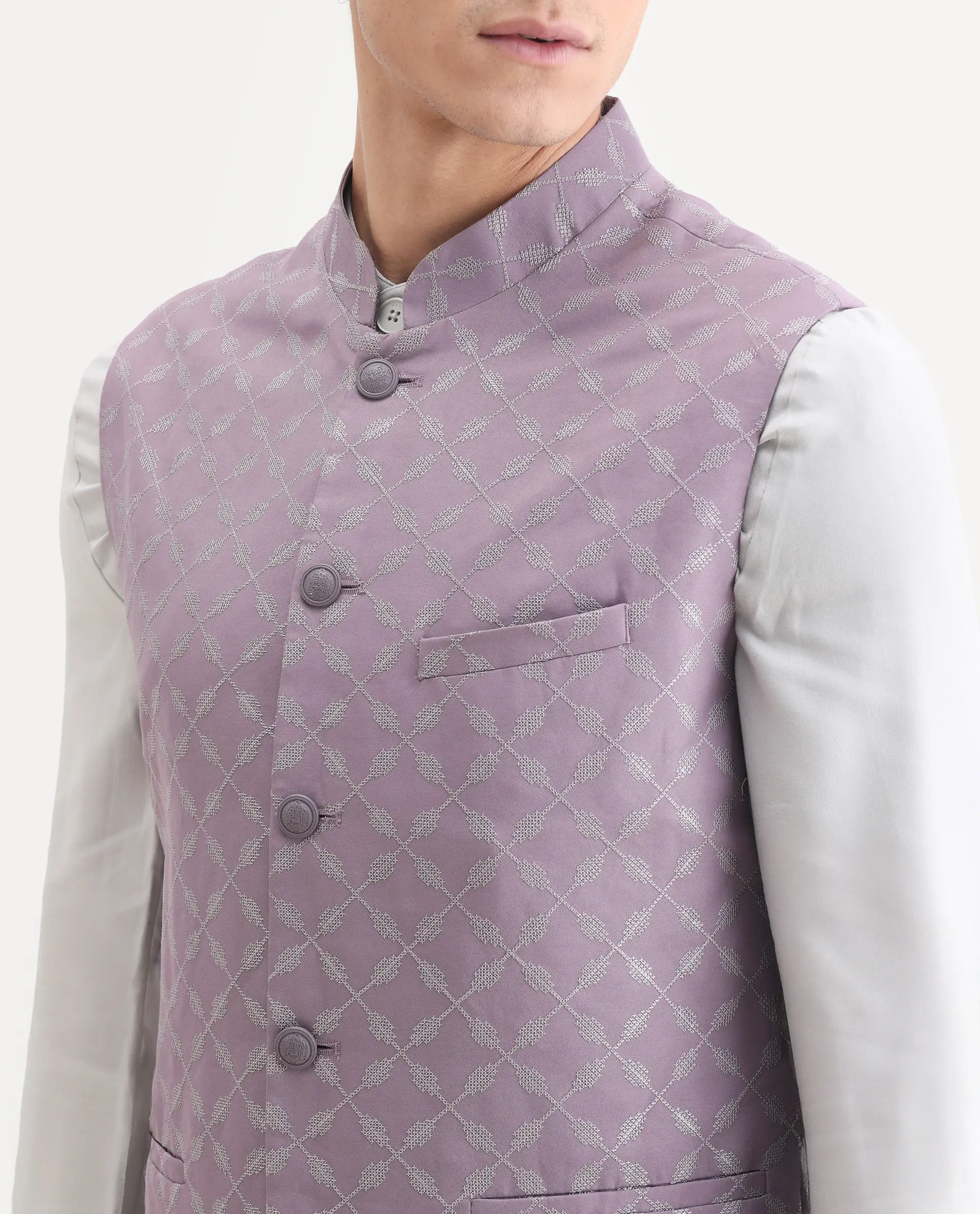 Rare Rabbit Men's Medob Pastel Purple Viscose Embroidered Tailored Fit Sleeveless Mandarin Collar Bandhgala Rare Rabbit Men's Lasmos-B1 Beige Viscose Embroidered Regular Fit Sleeveless Mandarin Collar Bandhgala Nehru Jacket - Image 3