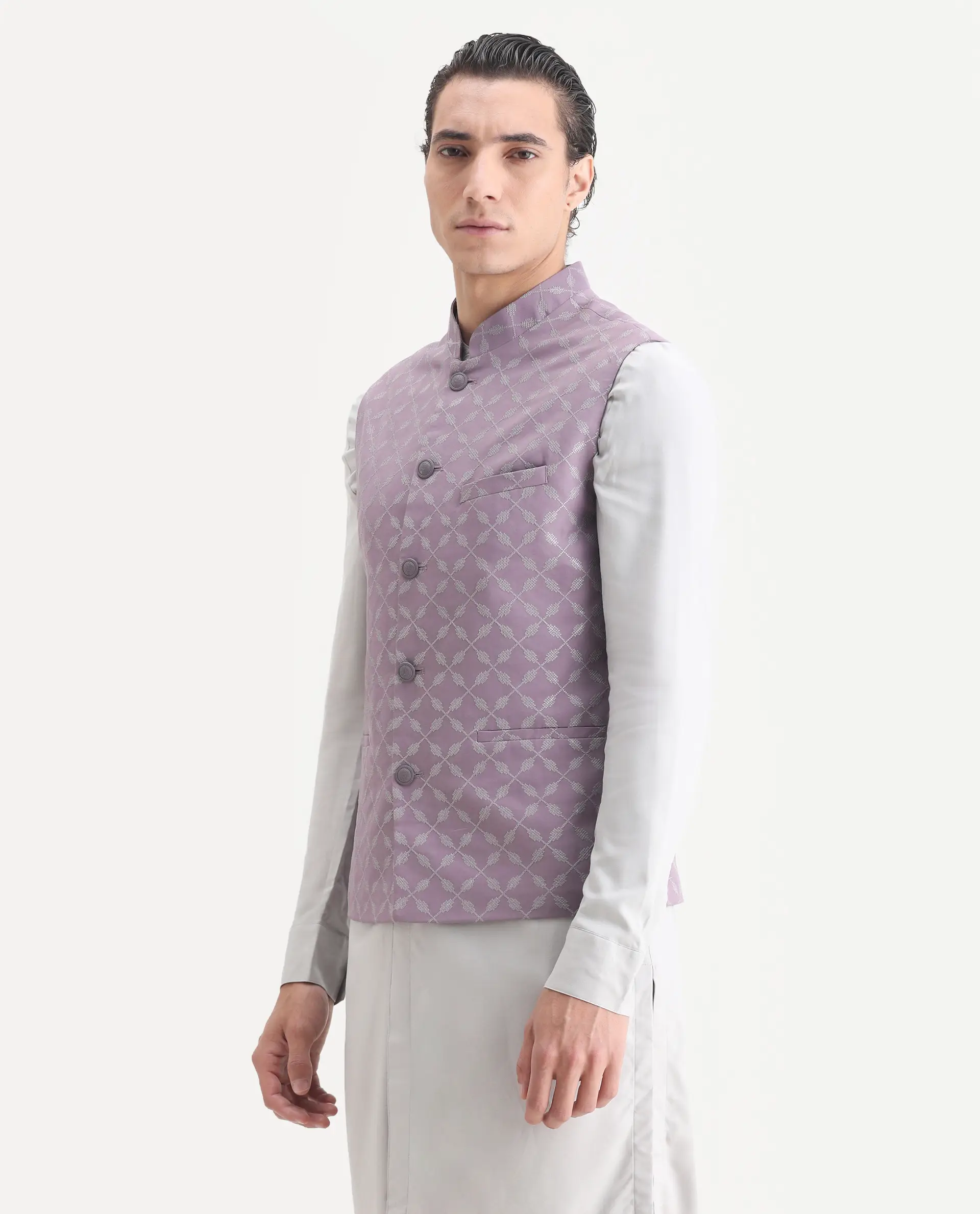 Rare Rabbit Men's Medob Pastel Purple Viscose Embroidered Tailored Fit Sleeveless Mandarin Collar Bandhgala Rare Rabbit Men's Lasmos-B1 Beige Viscose Embroidered Regular Fit Sleeveless Mandarin Collar Bandhgala Nehru Jacket - Image 4